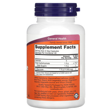 Now Foods, D-Mannose 500 mg, 120 Capsules UPC 733739028112 | HiLife Vitamins
