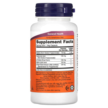 Now Foods, Hyaluronic Acid, Double Strength, 100 mg, 60 Veg Capsules UPC 733739031556 | HiLife Vitamins