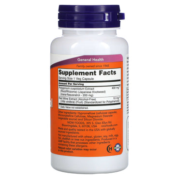 Now Foods, Natural Resveratrol 200 mg, 60 Veg Capsules UPC 733739033536 | HiLife Vitamins