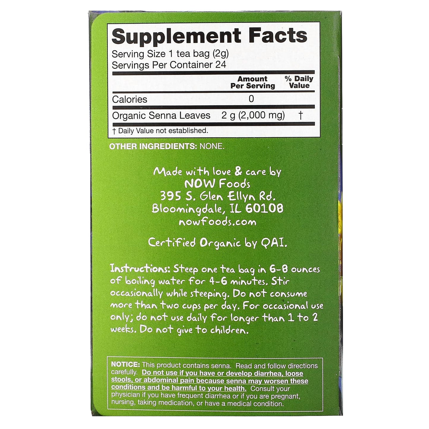 Now Foods, Senna Organic Tea Bags, 24 PK UPC 733739042361 | HiLife Vitamins