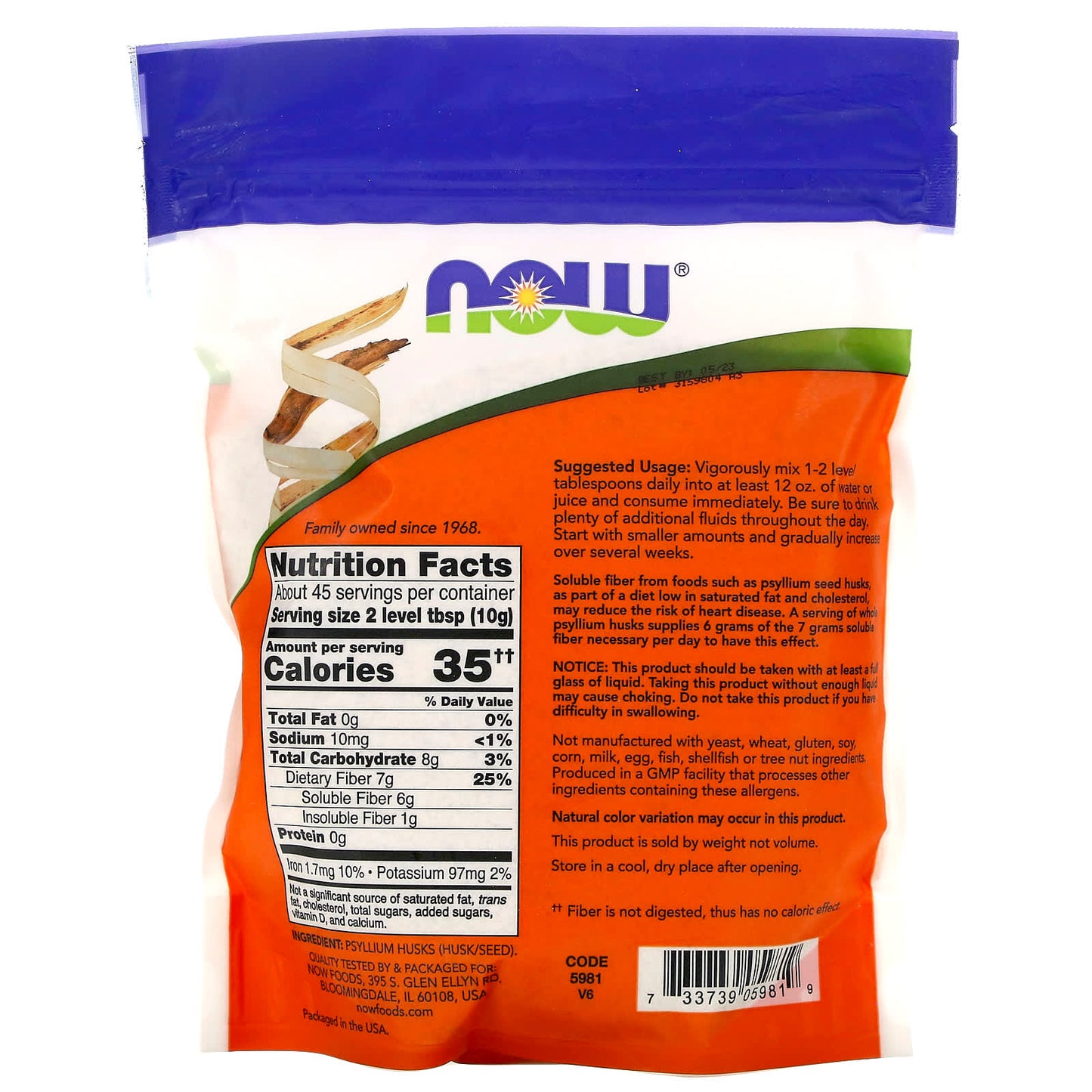 Now Foods, Whole Psyllium Husks, 16 oz UPC 733739059819 | HiLife Vitamins