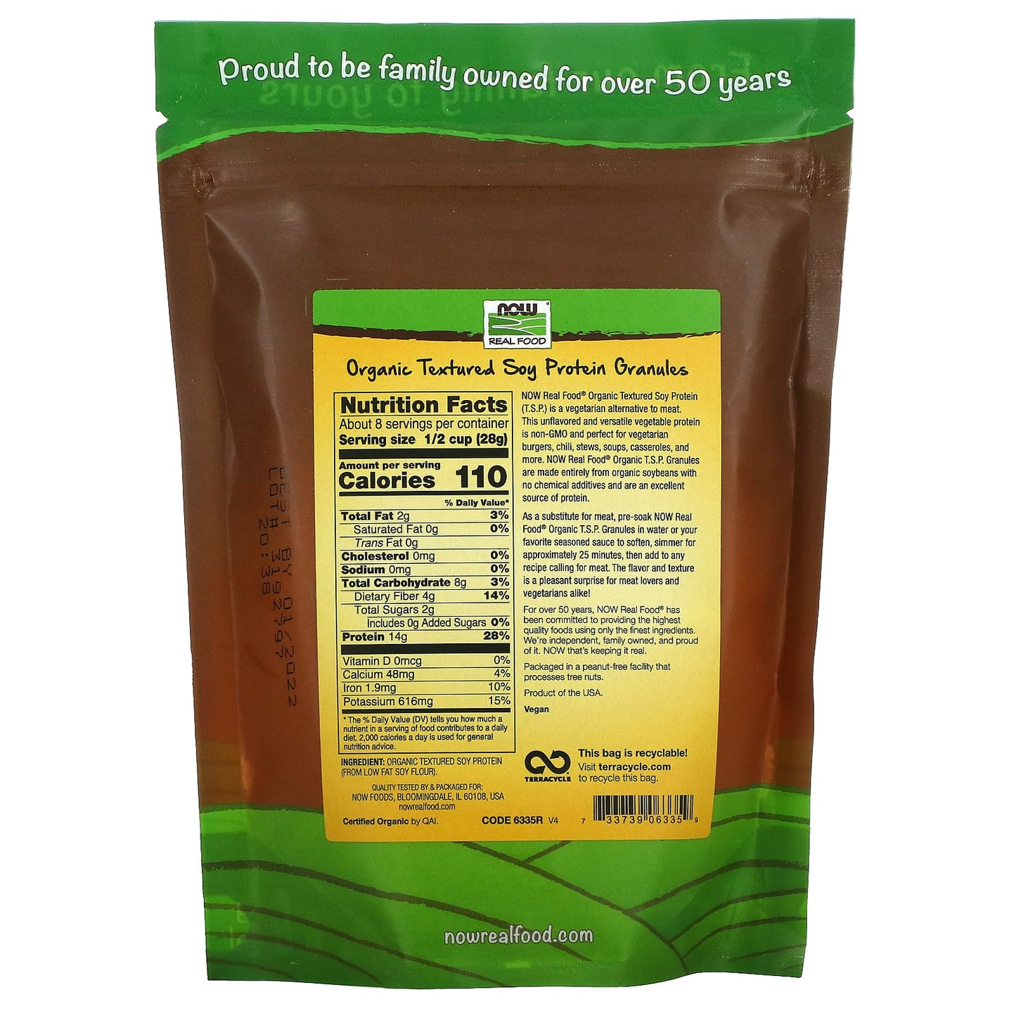 Now Foods, Org. Textured Soy Protein Granules, 8 OZ OZ UPC 733739063359 | HiLife Vitamins