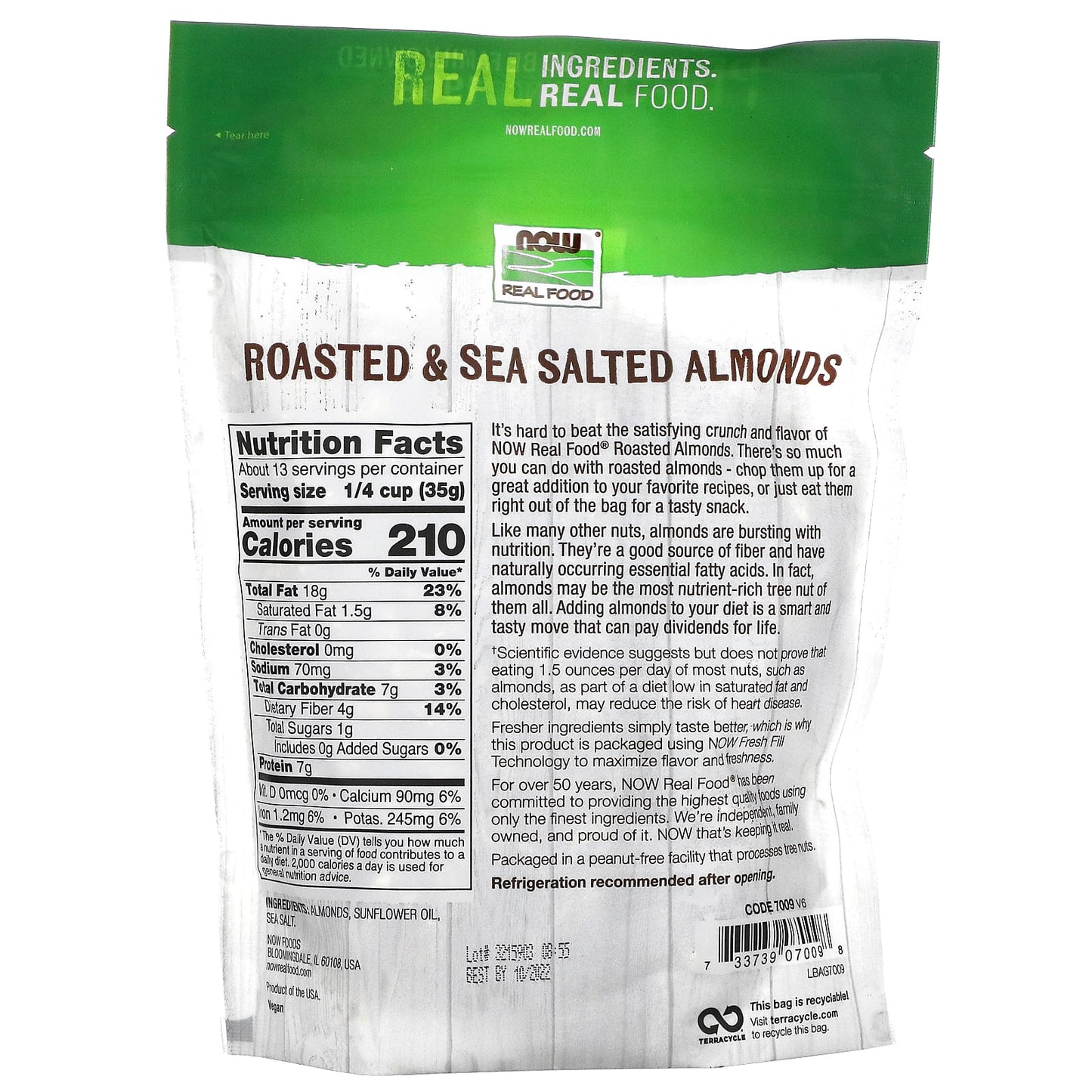 Now Foods, Almonds Rstd/Salted, 1 lb. LB UPC 733739070098 | HiLife Vitamins