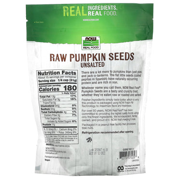 Now Foods, Real Food, Raw Pumpkin Seeds, Unsalted, 16 oz (454 g) UPC 733739070258 | HiLife Vitamins