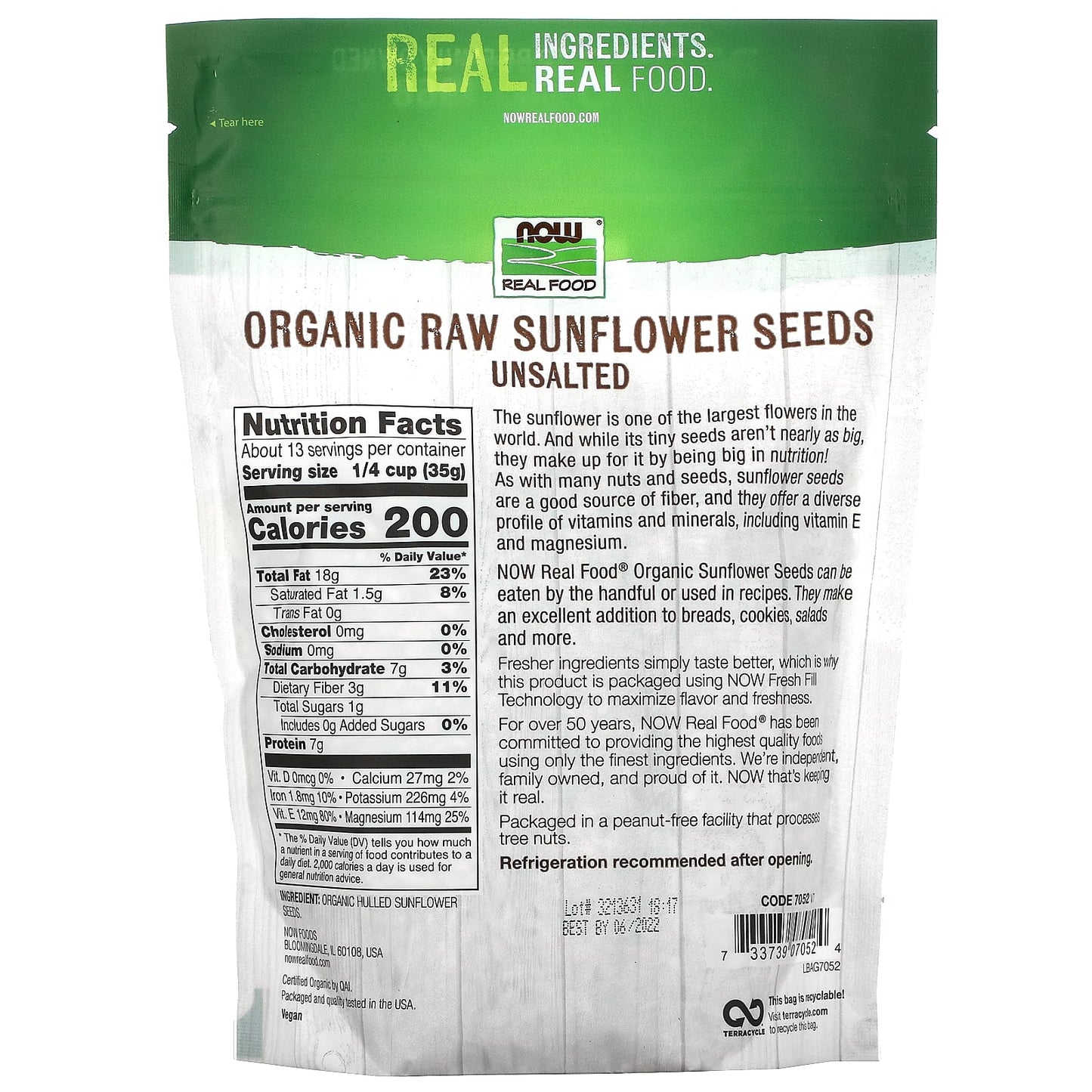 Now Foods, Organic Sunflower Seeds Raw, 16 OZ OZ UPC 733739070524 | HiLife Vitamins