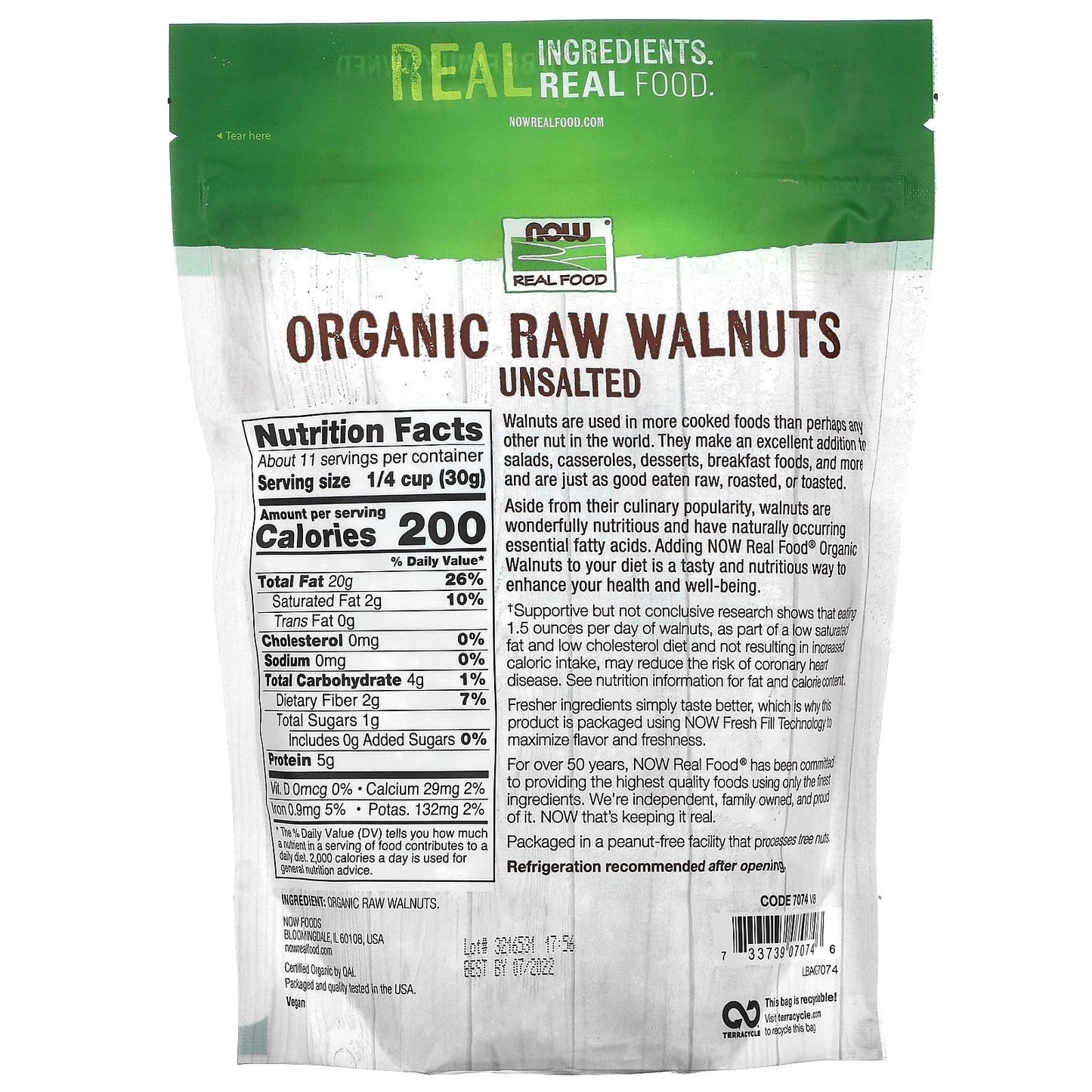 Now Foods, Organic Walnuts Raw, 12 Oz UPC 733739070746 | HiLife Vitamins