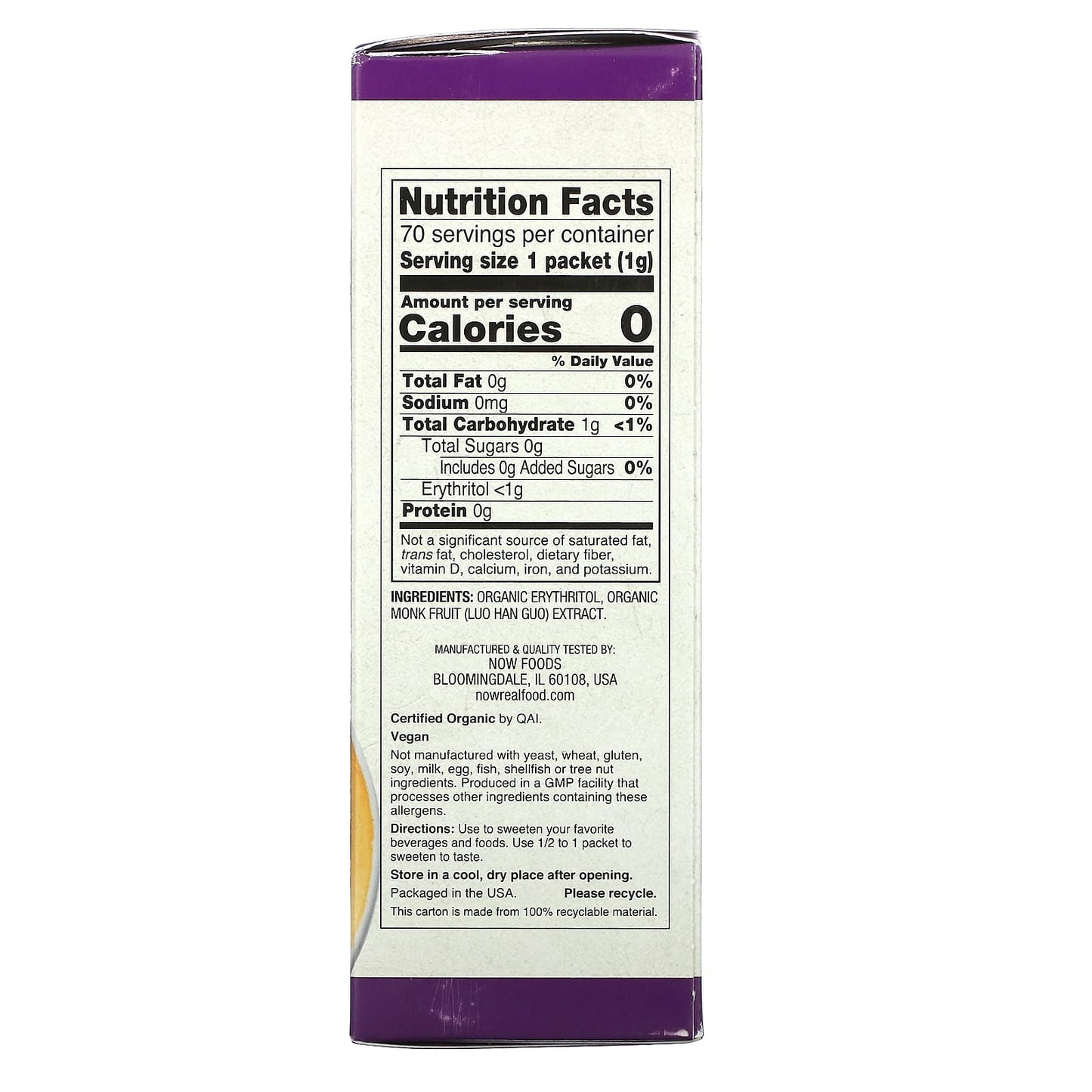 Now Foods, Organic Monk Fruit Zero-Calorie Sweetener, 70 Packets, 2.47 oz UPC 733739071255 | HiLife Vitamins