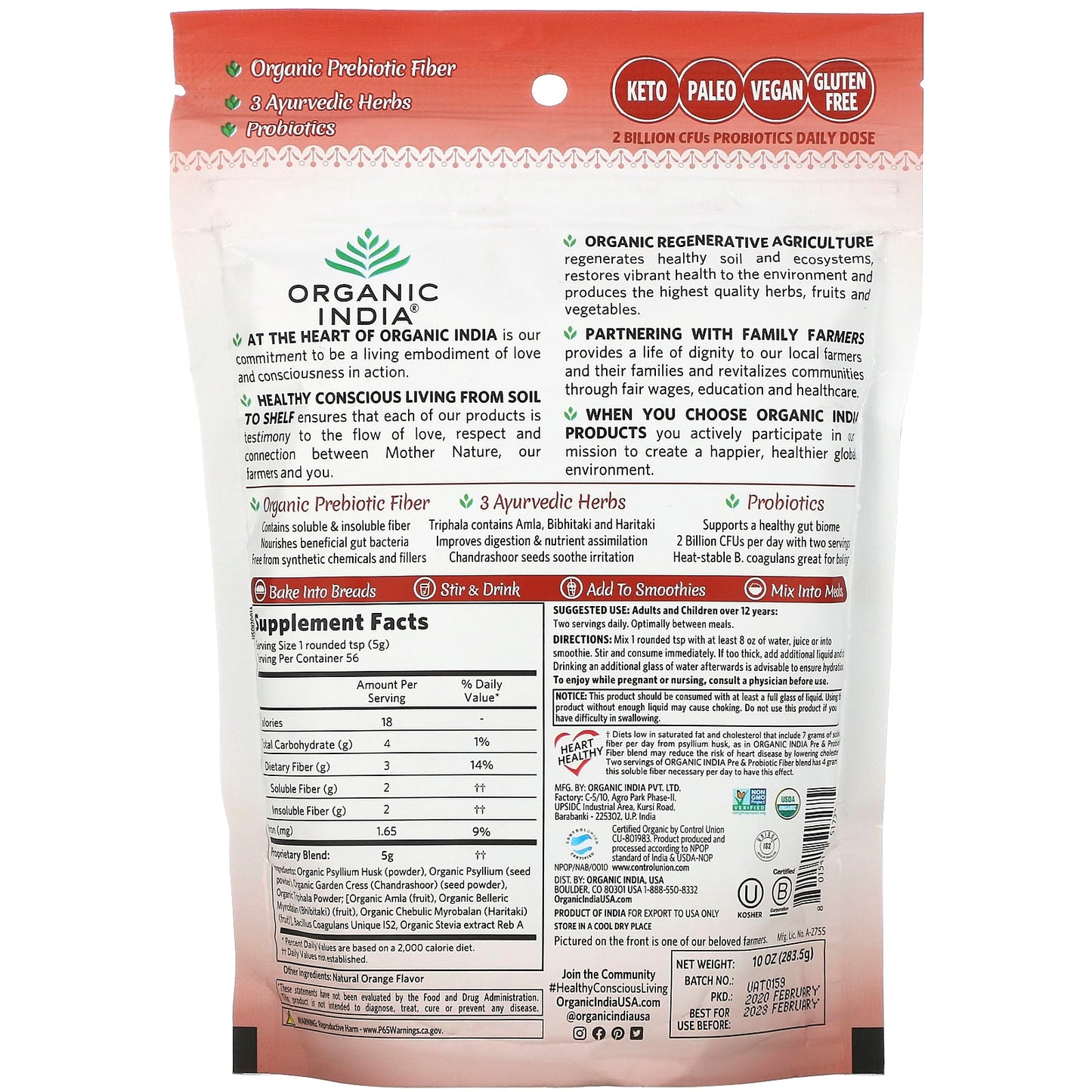 Organic India, psyllium pre & probiotic fiber orange, 10 Oz UPC 801541517275 | HiLife Vitamins