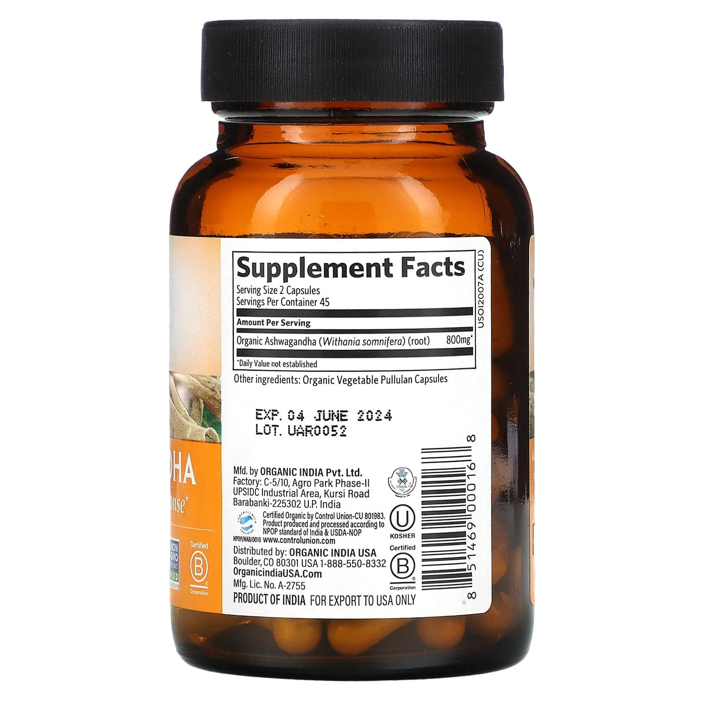Organic India, Ashwagandha, 90 Vegetarian Capsules UPC 851469000168 | HiLife Vitamins