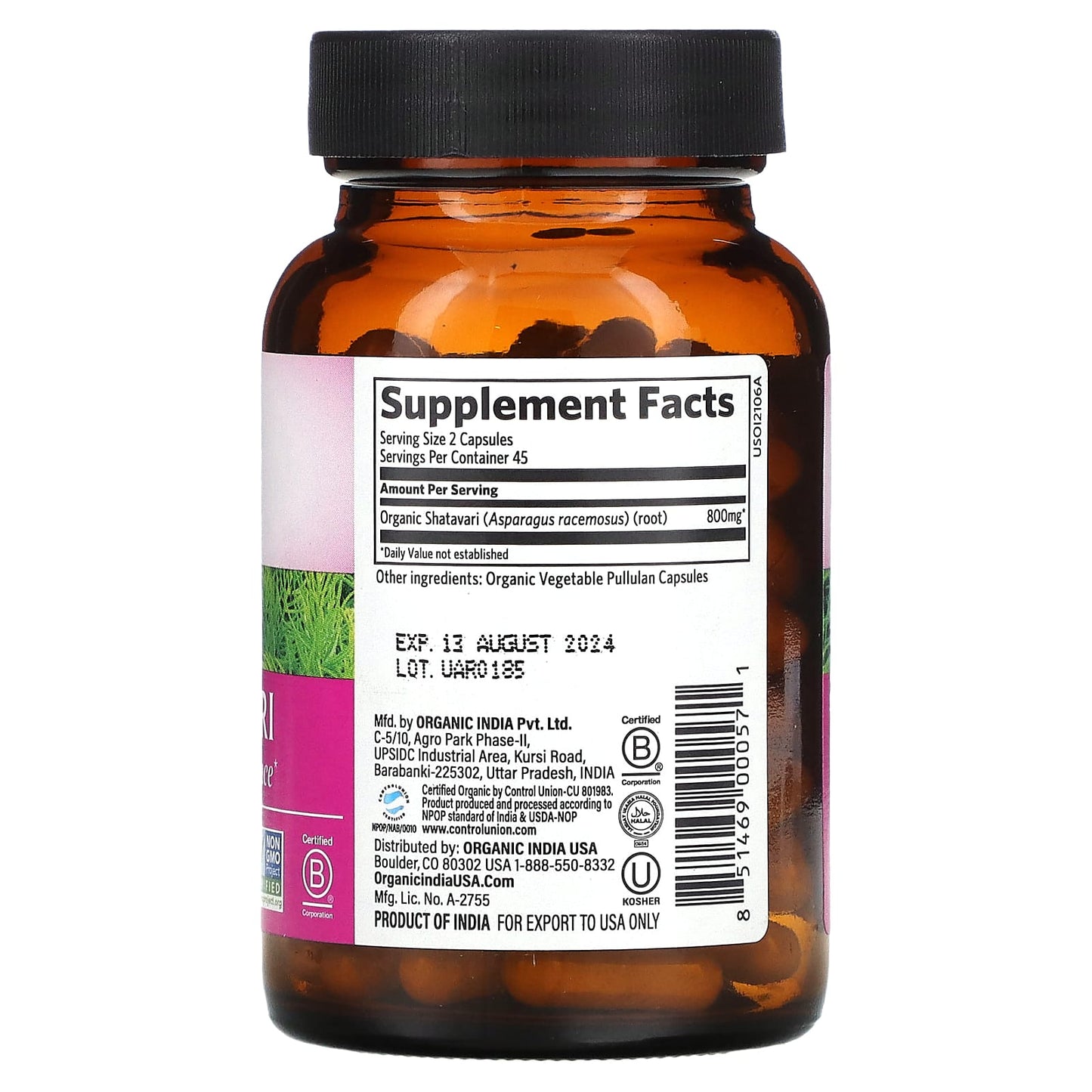 Organic India, Shatavari, 90 Vegetarian Capsules UPC 851469000571 | Hilife Vitamins