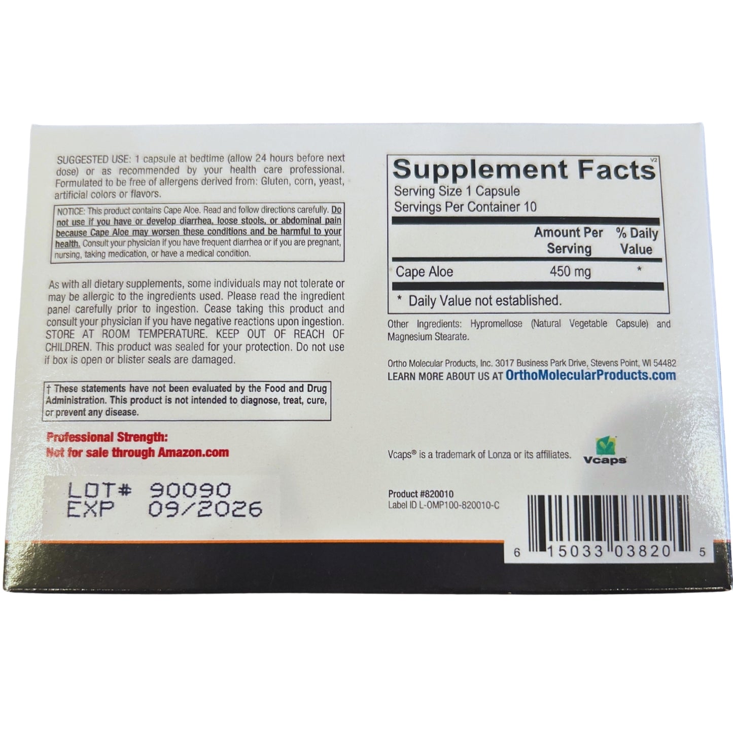 Ortho Molecular, Super Aloe 450, 10 Capsules UPC 615033038205 | HiLife Vitamins