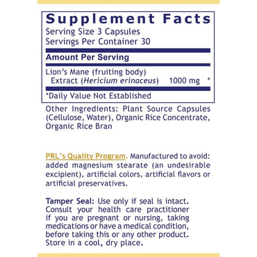 Premier Research Labs, Lion's Mane, 90 Plant-Source Capsules UPC 807735726102 | Hilife Vitamins
