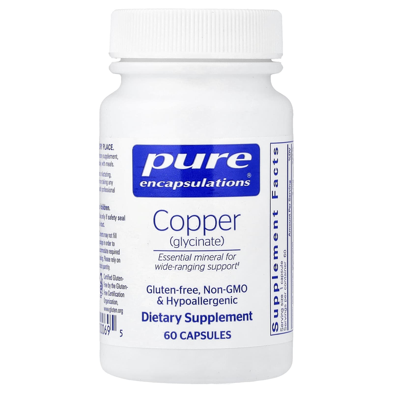 Pure Encapsulations, Copper (Glycinate), 60 Capsules UPC 766298000695 | Hilife Vitamins