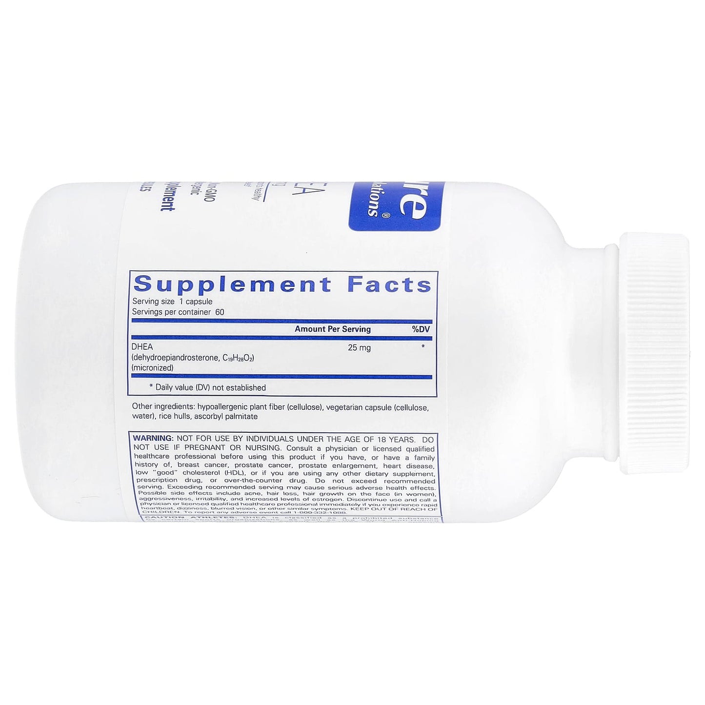 Pure Encapsulations, DHEA 25 mg, 60 Capsules UPC 766298000992 | HiLife Vitamins
