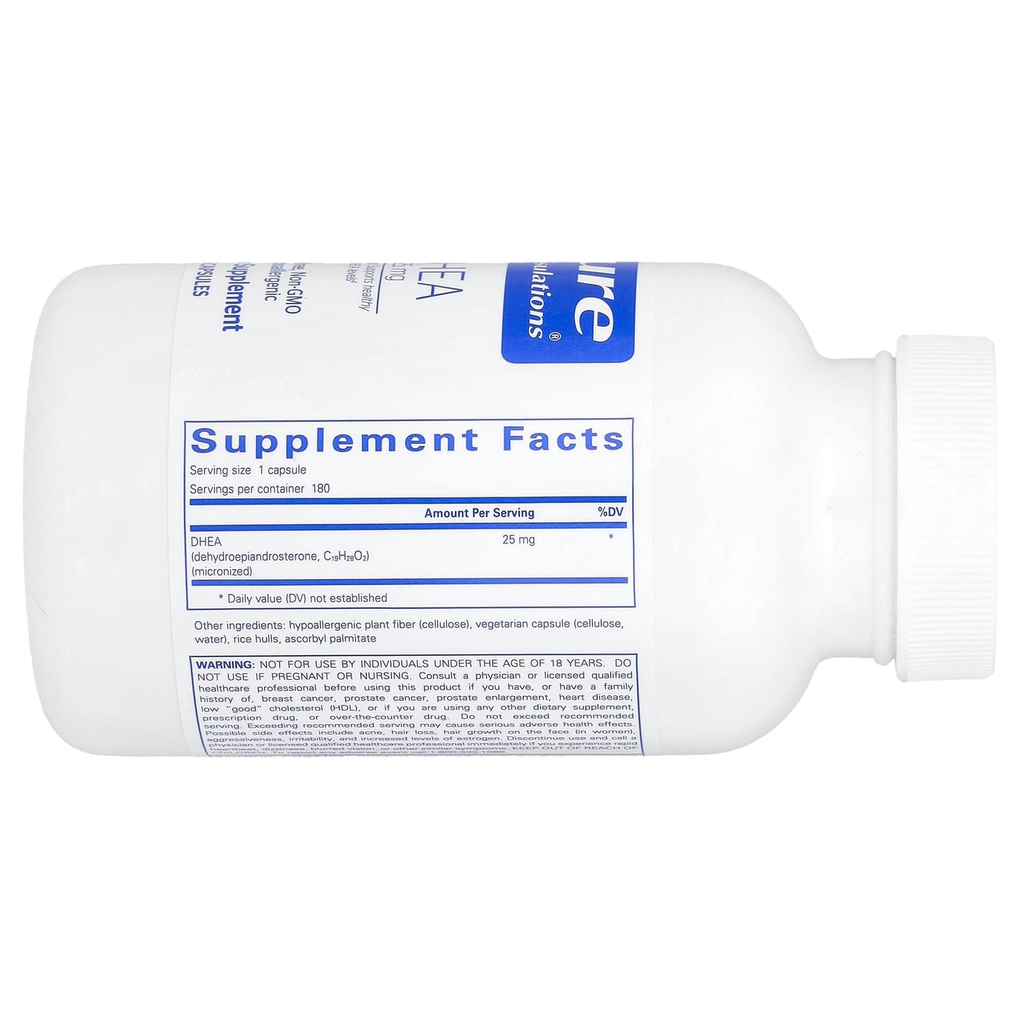 Pure Encapsulations, DHEA 25 mg, 180 Capsules UPC 766298001005 | HiLife Vitamins