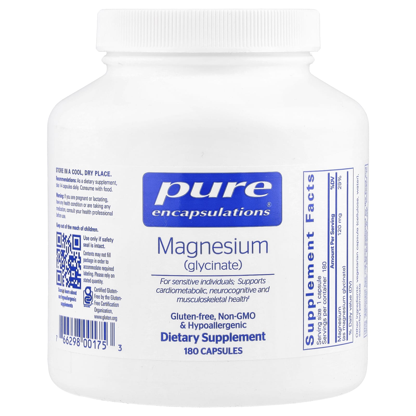 Pure Encapsulations, Magnesium Glycinate 120 mg, 180 Capsules UPC 766298001753 | HiLife Vitamins