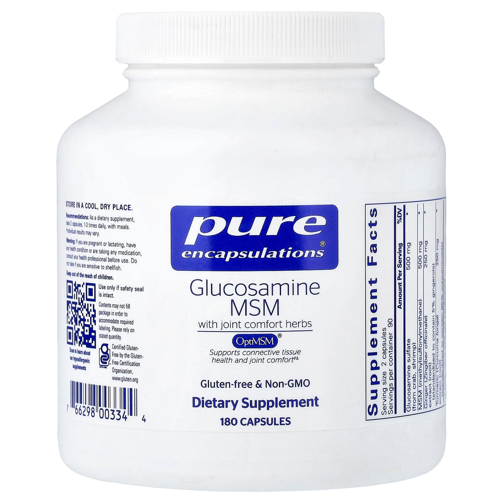Pure Encapsulations, Glucosamine MSM With Joint Comfort Herbs, 360 Capsules UPC 766298003344 | Hilife Vitamins