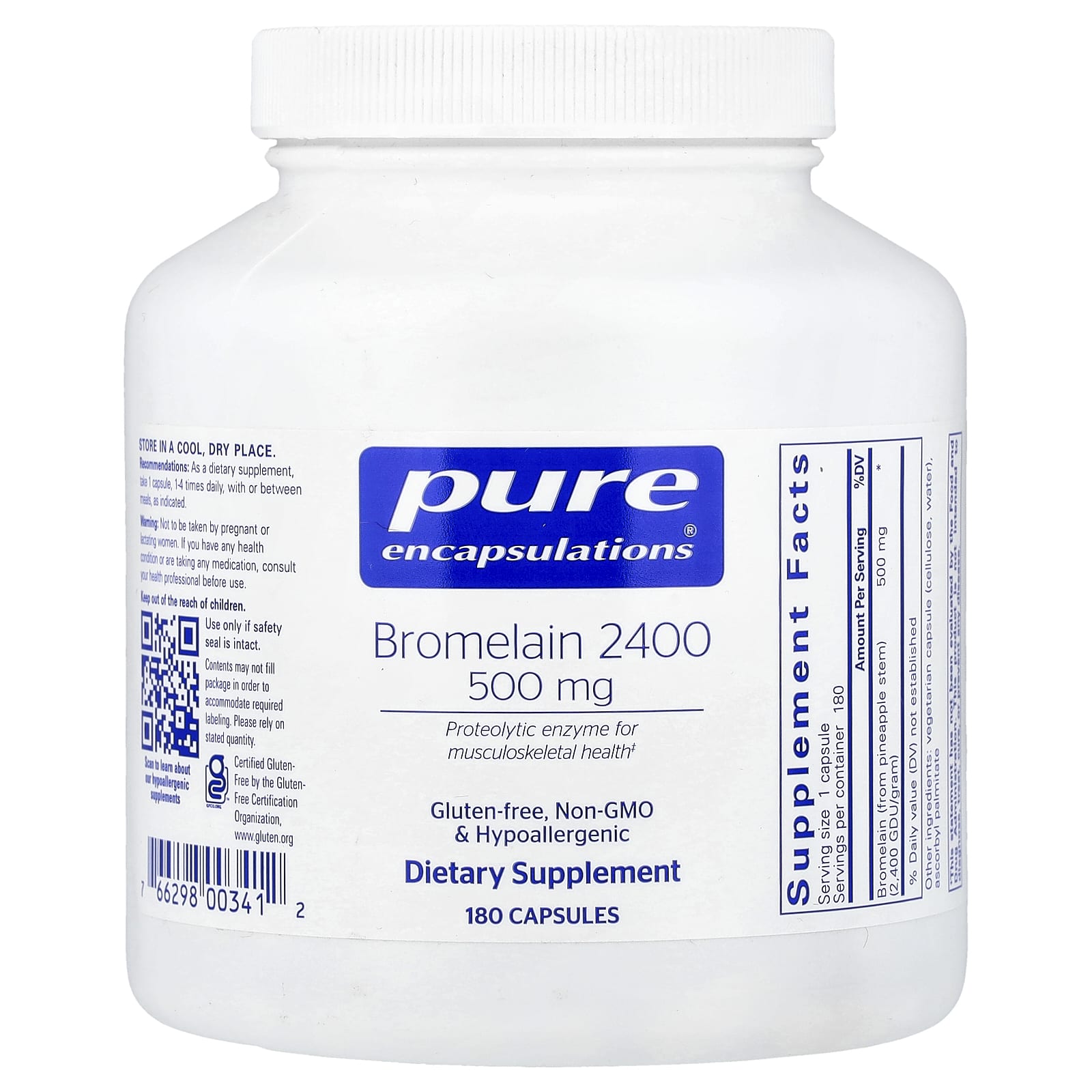 Pure Encapsulations, Bromelain 2400, 500 mg, 180 Capsules UPC 766298003412 | Hilife Vitamins
