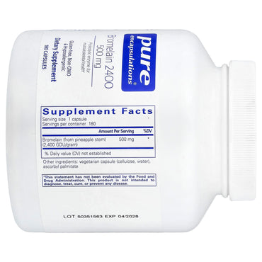 Pure Encapsulations, Bromelain 2400, 500 mg, 180 Capsules UPC 766298003412 | Hilife Vitamins