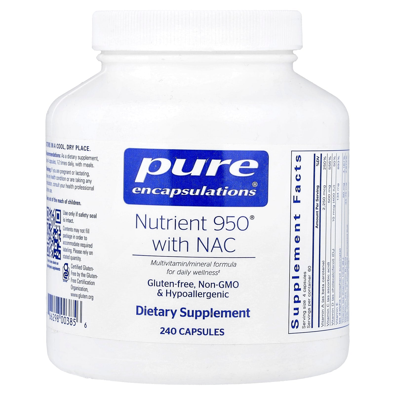 Pure Encapsulations, Nutrient 950® with NAC, 240 Capsules UPC 766298003856 | Hilife Vitamins