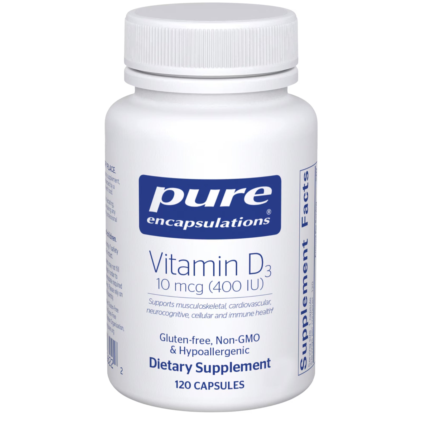 Pure Encapsulations, Vitamin D3 10 mcg 400 IU, 120 Capsules UPC 766298006222 | Hilife Vitamins