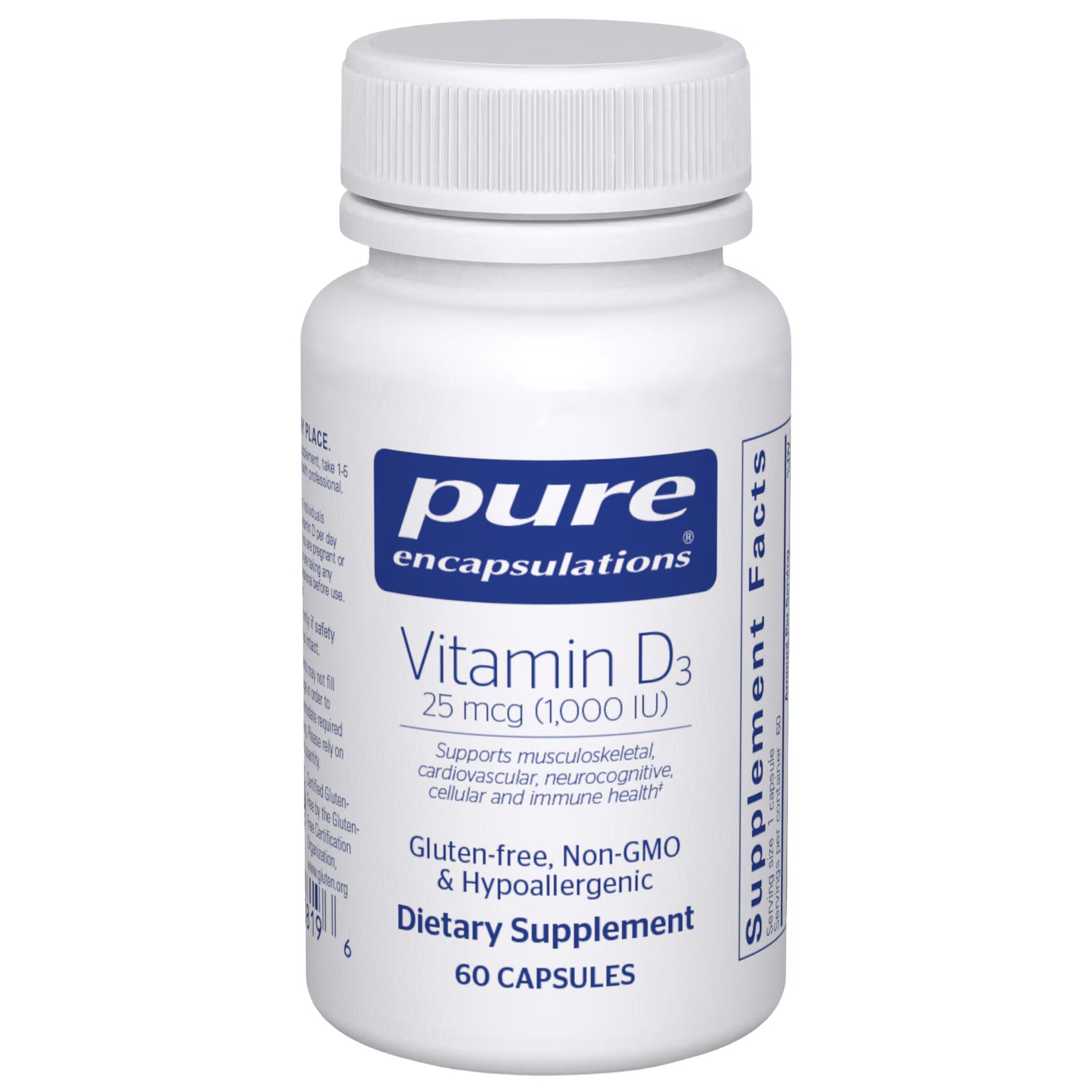 Pure Encapsulations, Vitamin D3 25 mcg (1,000 IU), 60 Capsules UPC 766298008196 | Hilife Vitamins