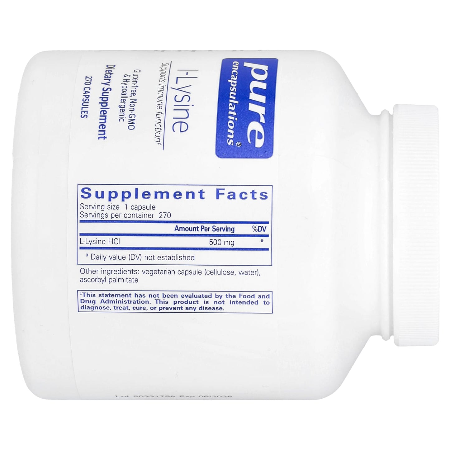 Pure Encapsulations, L-Lysine 500 mg, 270 Capsules UPC 766298012421 | HiLife Vitamins