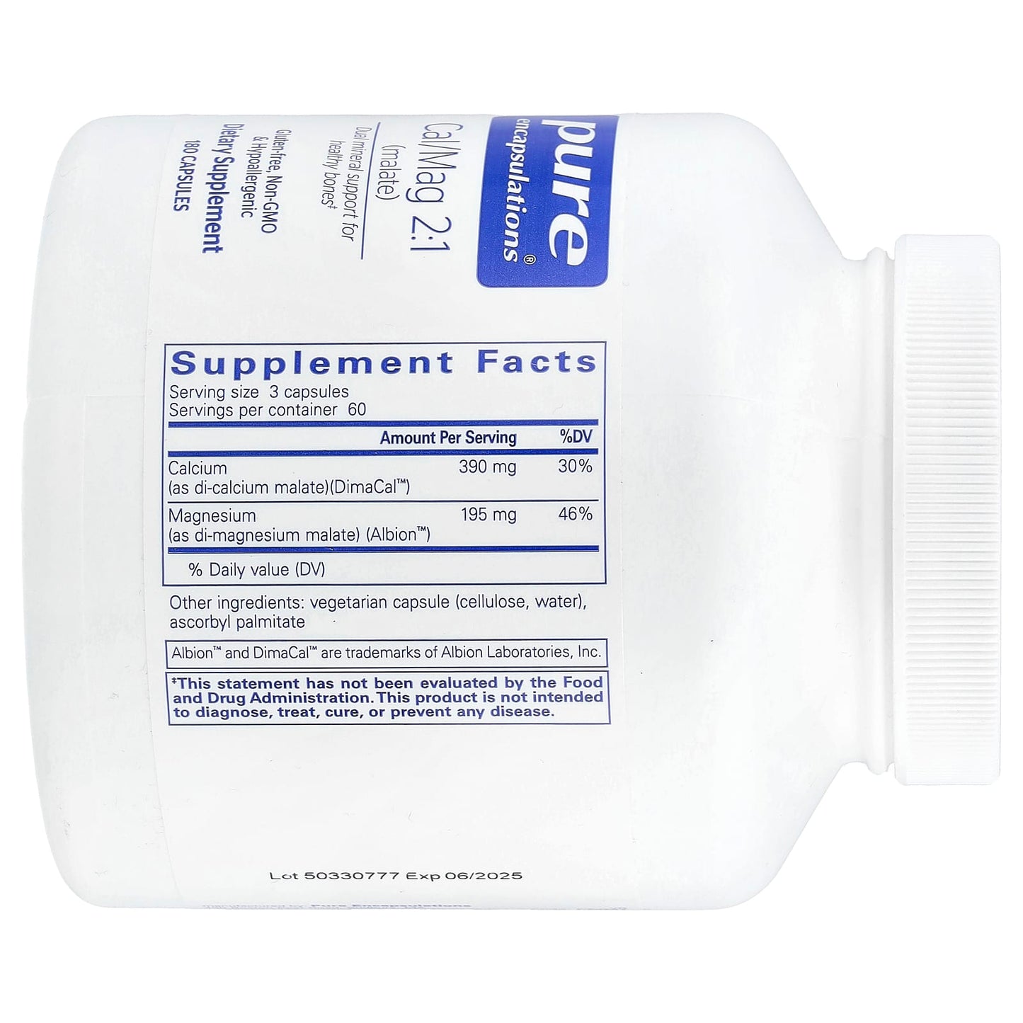 Pure Encapsulations, Calcium Magnesium (malate) 2:1, 180 Capsules - 766298012940 | Hilife Vitamins