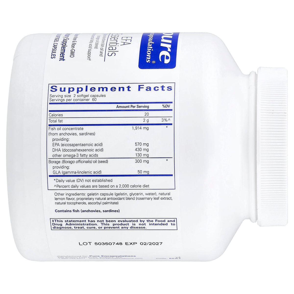 Pure Encapsulations, EFA Essentials, 120 Softgels UPC 766298013442 | Hilife Vitamins
