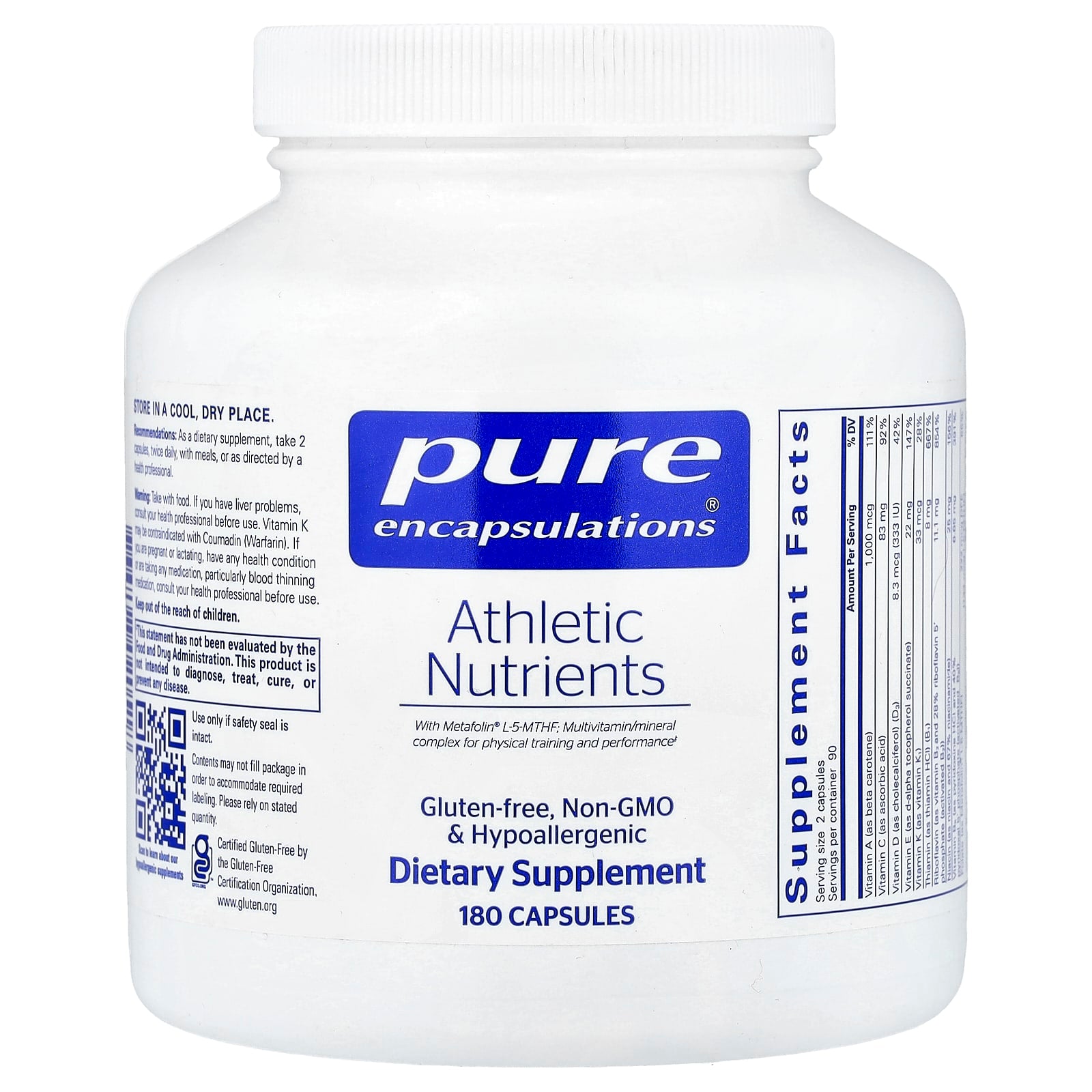 Pure Encapsulations, Athletic Nutrients, 180 Capsules UPC 766298020518 | Hilife Vitamins