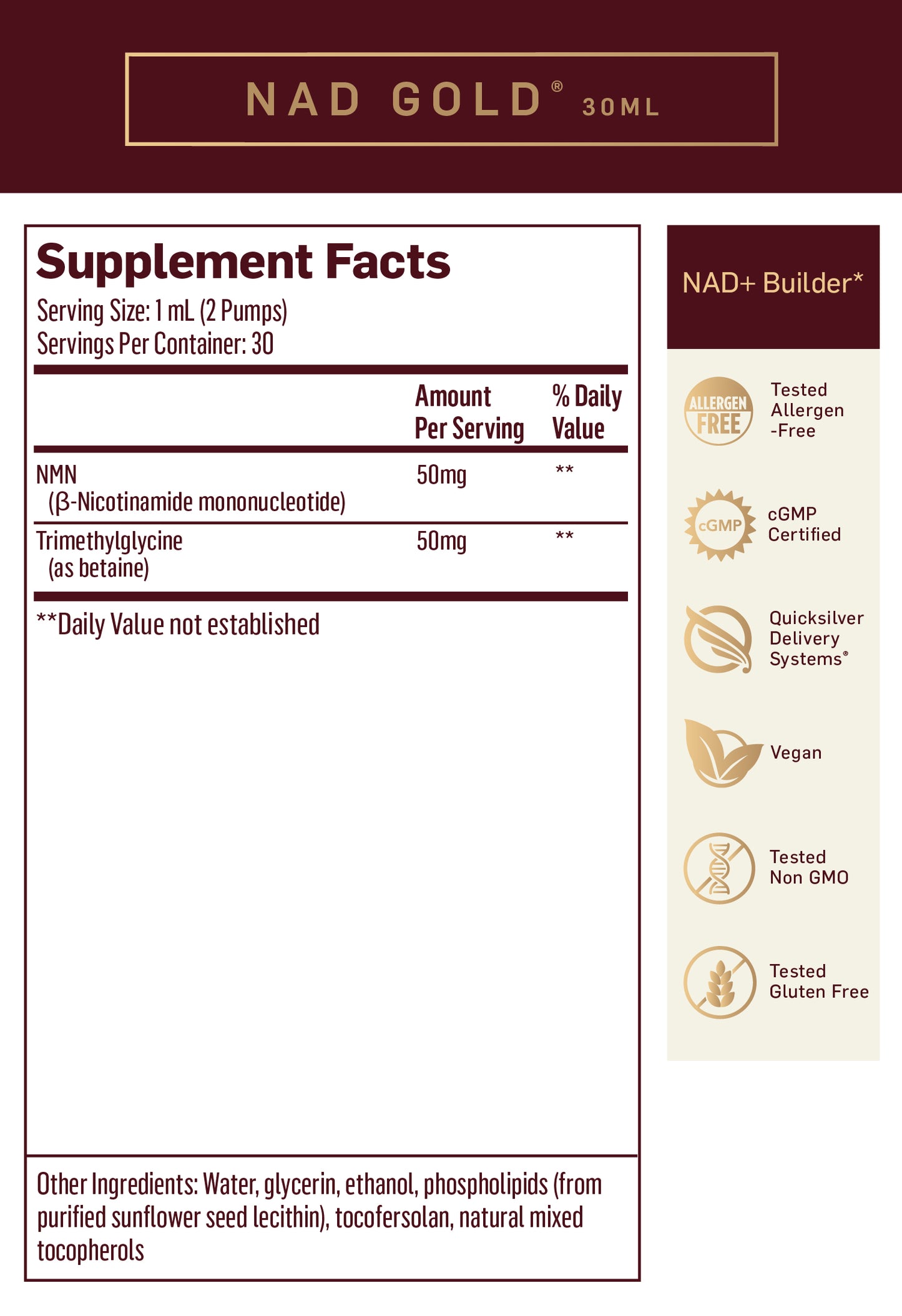 Quicksilver Scientific, NAD+ GOLD®, 1.0 FL OZ (30mL) UPC 644216046102 | HiLife Vitamins