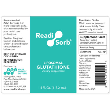 Readisorb, Liposomal Glutathione, 4 Fl. Oz. (118.2 mL) UPC 866749000103 | HiLife Vitamins