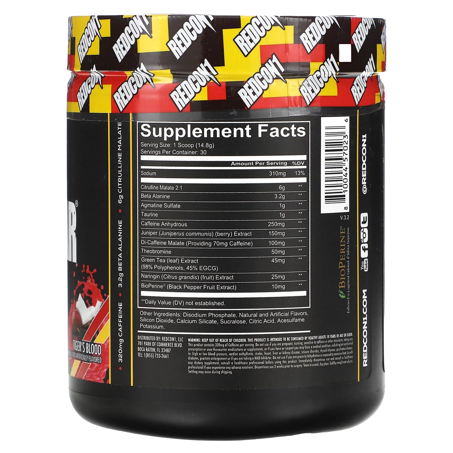 Redcon1, Total War, Pre-Workout, Tiger's Blood Cherry & Coconut, 15.66 oz (444 g) UPC 810044570236 | HiLife Vitamins
