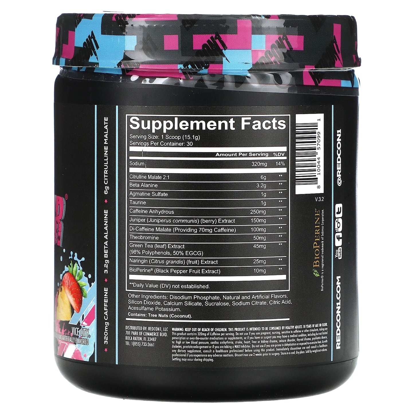 Redcon1, Total War, Pre-Workout, Vice City Strawberry Pina Colada, 15.98 oz (453 g) UPC 810044570991 | HiLife Vitamins