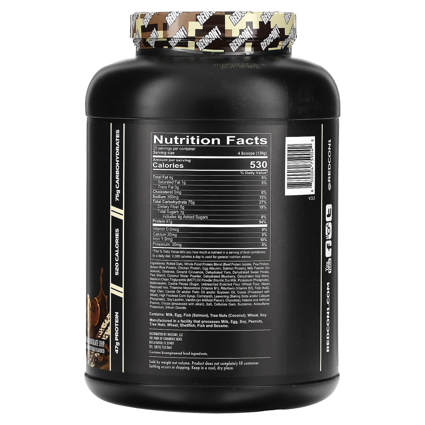 Redcon1, MRE, Whole Food Protein, Oatmeal Chocolate Chip, 7.16 lb (3, 7.16 lb (3,250 g) UPC 850004759042 | HiLife Vitamins