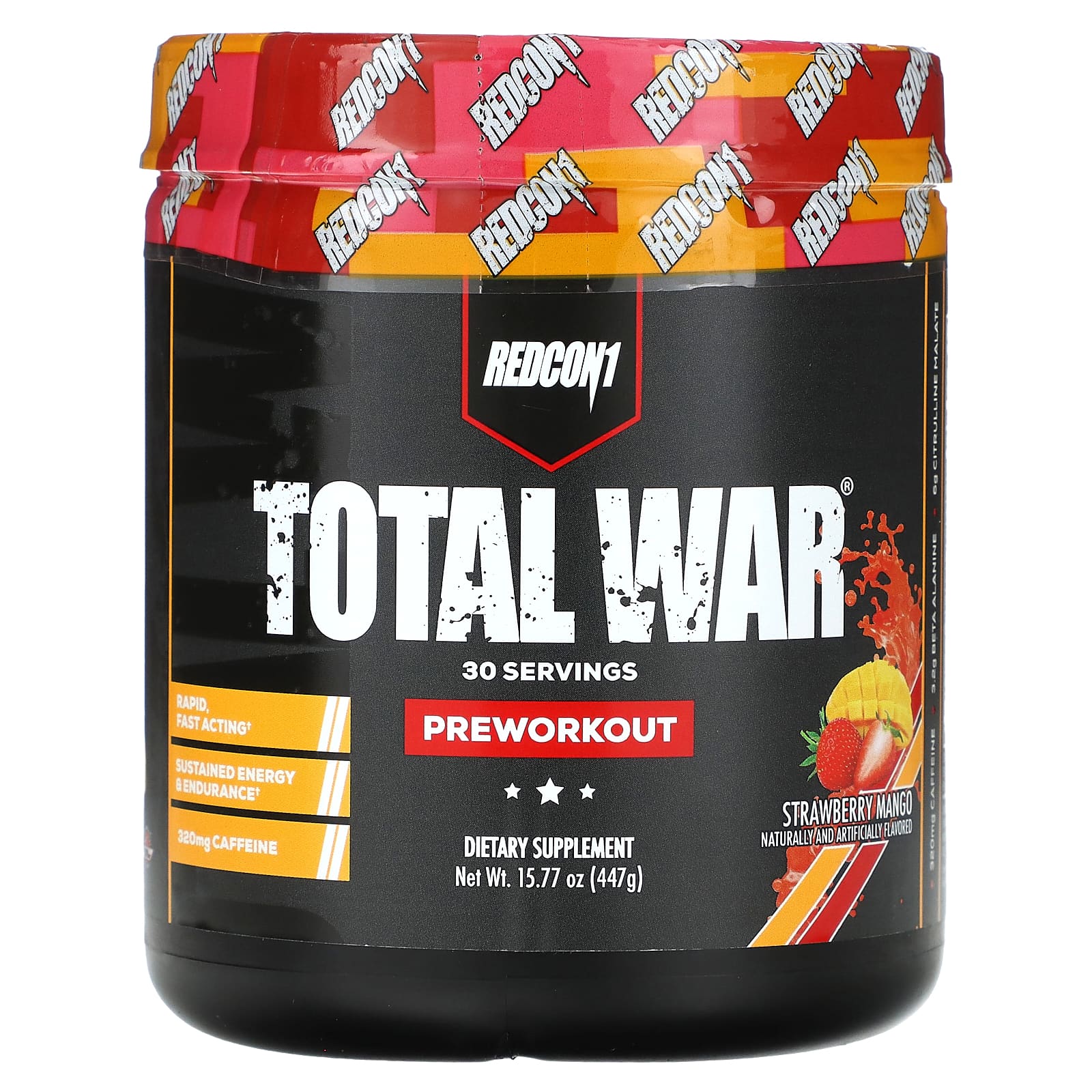 Redcon1, Total War, Preworkout, Strawberry Mango, 15.77 oz (447 g) UPC 850004759257 | HiLife Vitamins