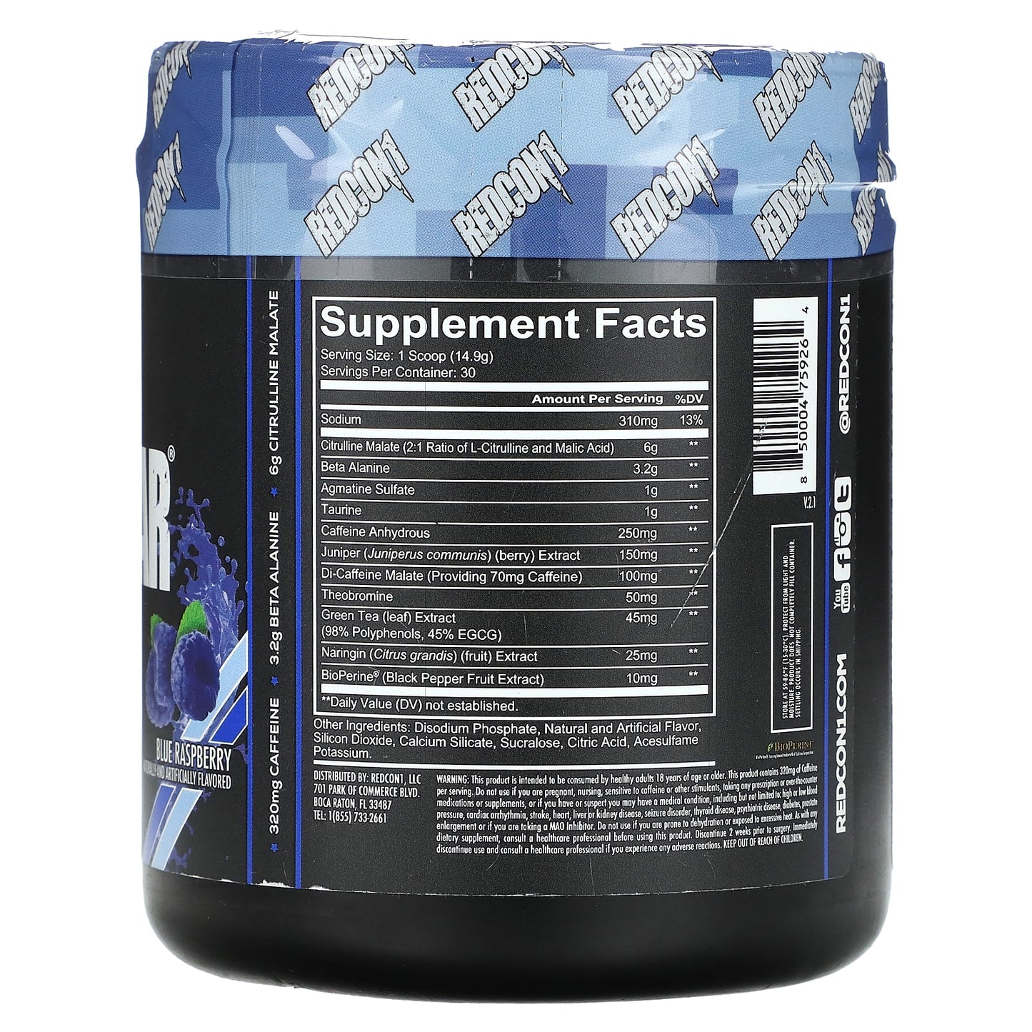 Redcon1, Total War, Pre-Workout, Blue Raspberry, 15.77 oz (447 g) UPC 850004759264 | HiLife Vitamins