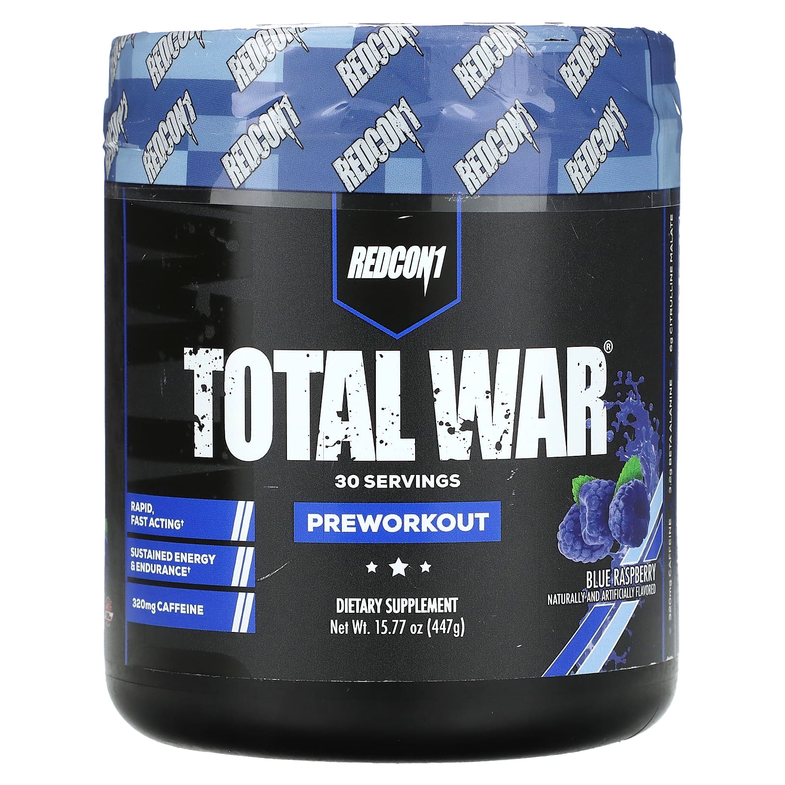 Redcon1, Total War, Pre-Workout, Blue Raspberry, 15.77 oz (447 g) UPC 850004759264 | HiLife Vitamins