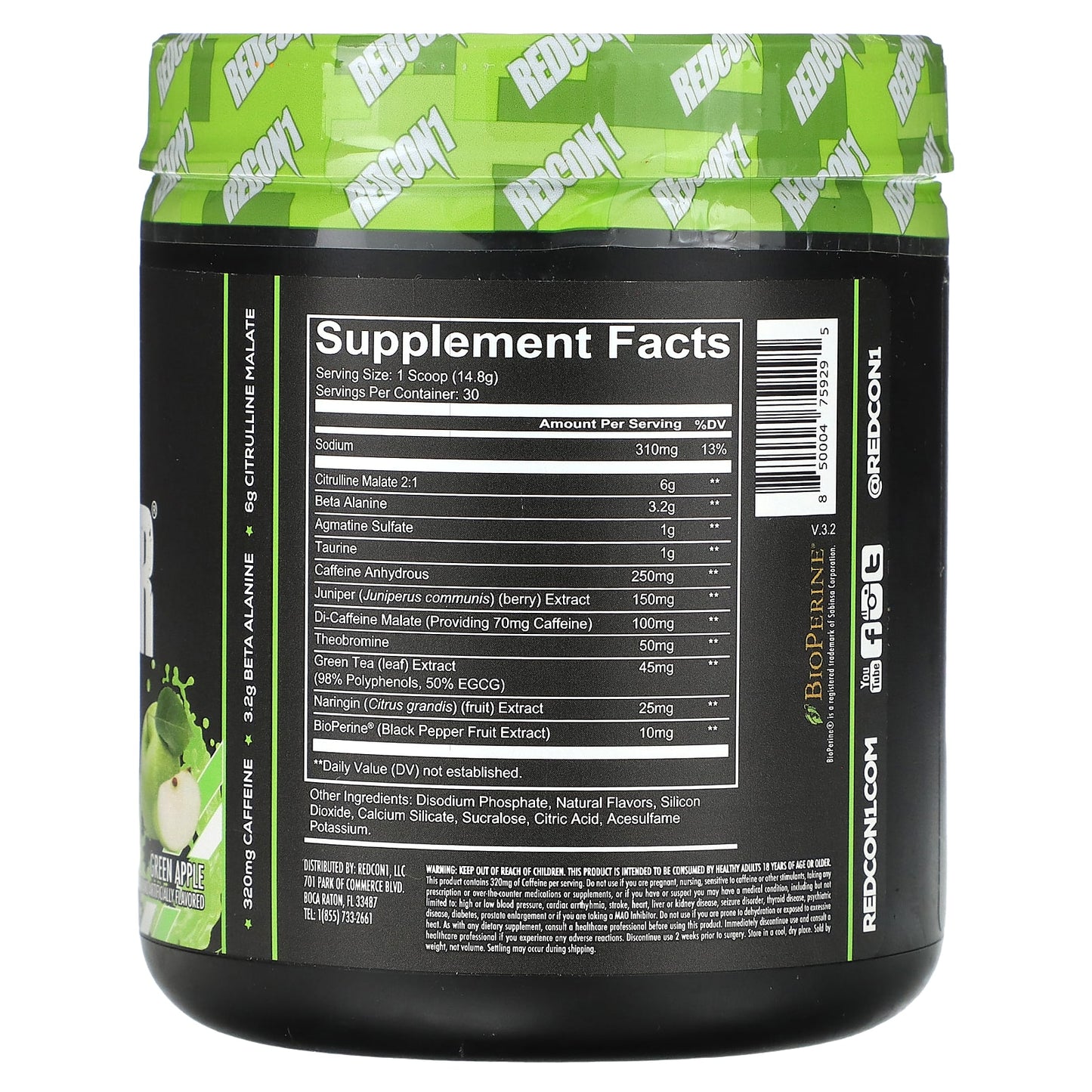 Redcon1, Total War, Pre-Workout, Green Apple, 15.66 oz (444 g) UPC 850004759295 | HiLife Vitamins