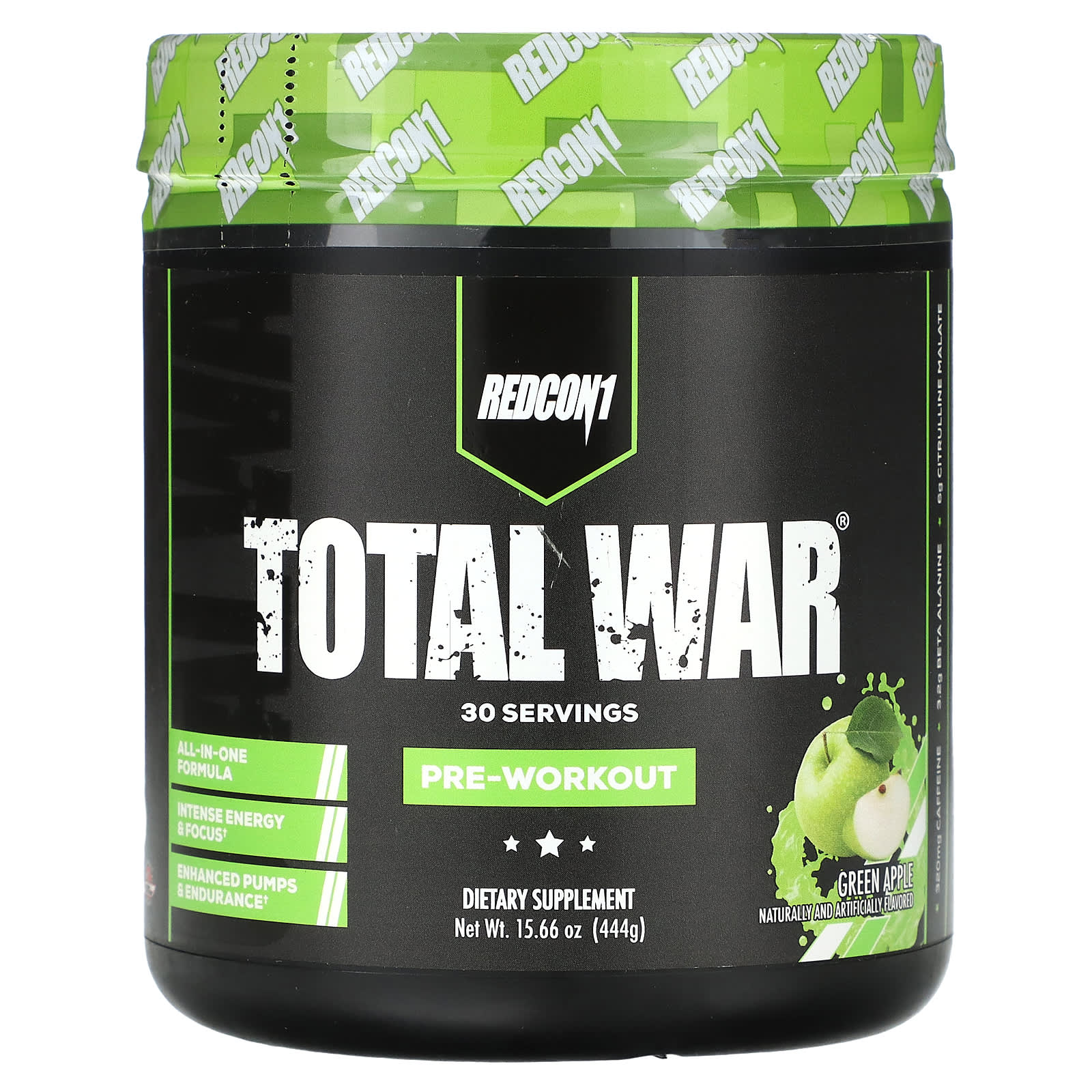 Redcon1, Total War, Pre-Workout, Green Apple, 15.66 oz (444 g) UPC 850004759295 | HiLife Vitamins