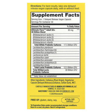 Renew Life, Uf Adult 50+ 30 Billion, 30 Vegetarian Capsules UPC 631257121127 | HiLife Vitamins