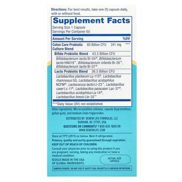 Renew Life, Colon Care Probiotic, 80 Billion CFU, 60 Vegetarian Capsules UPC 631257121240 | HiLife Vitamins