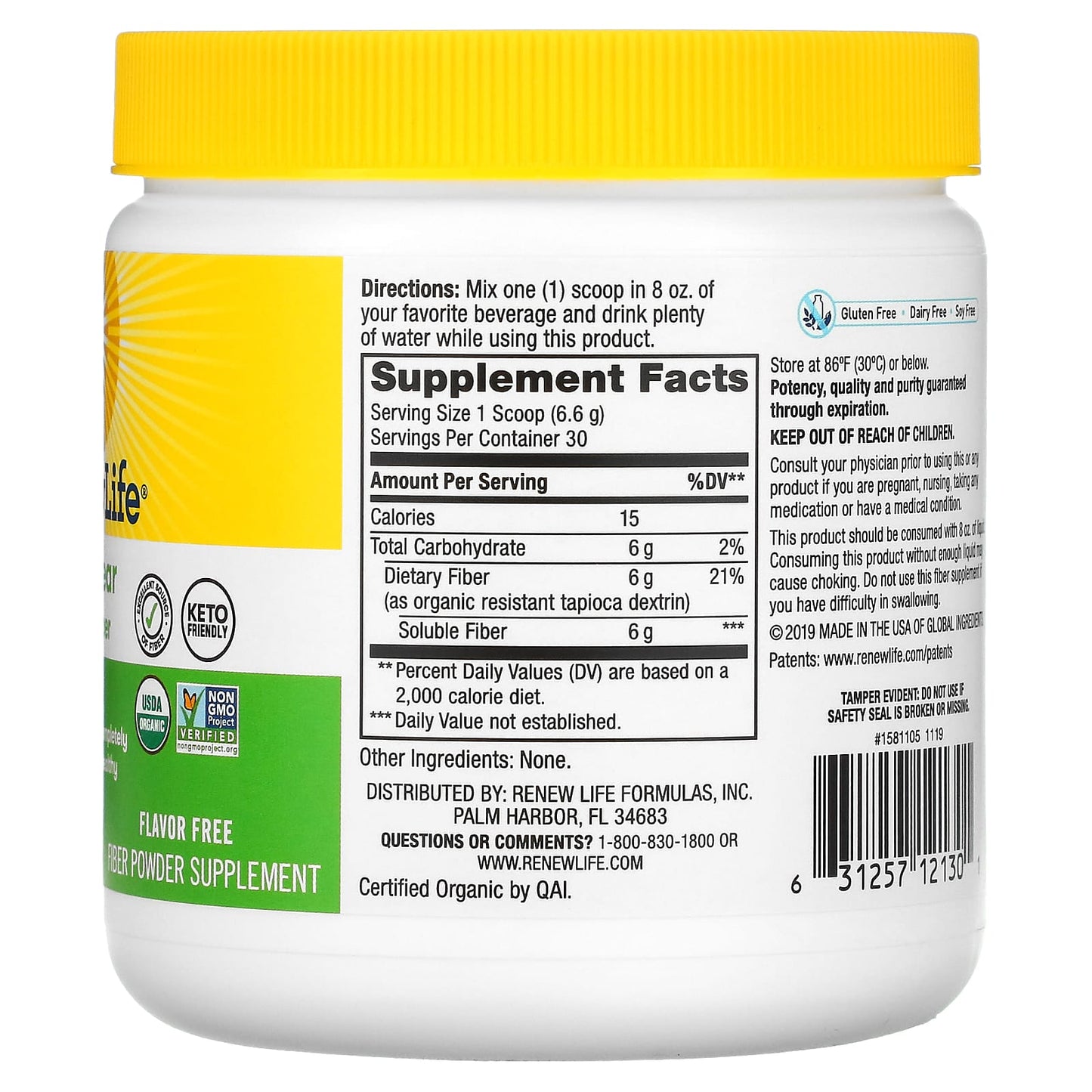 Renew Life, Completely Clear Organic Prebiotic Fiber, Unflavored, 7 oz (198 g) UPC 631257121301 | HiLife Vitamins