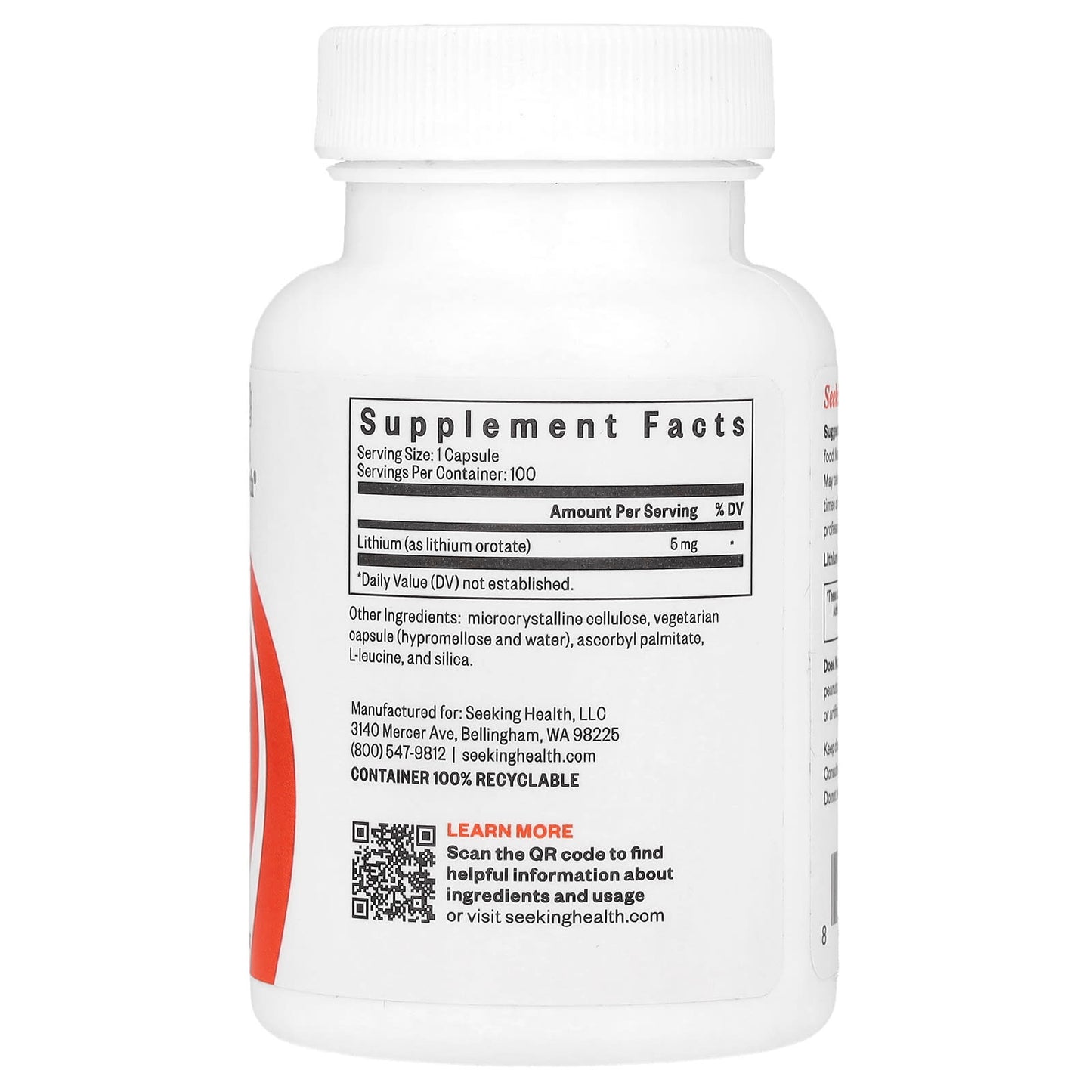 Seeking Health, Lithium Orotate, 5 mg, 100 Vegetarian Capsules UPC 810007520612 | HiLife Vitamins