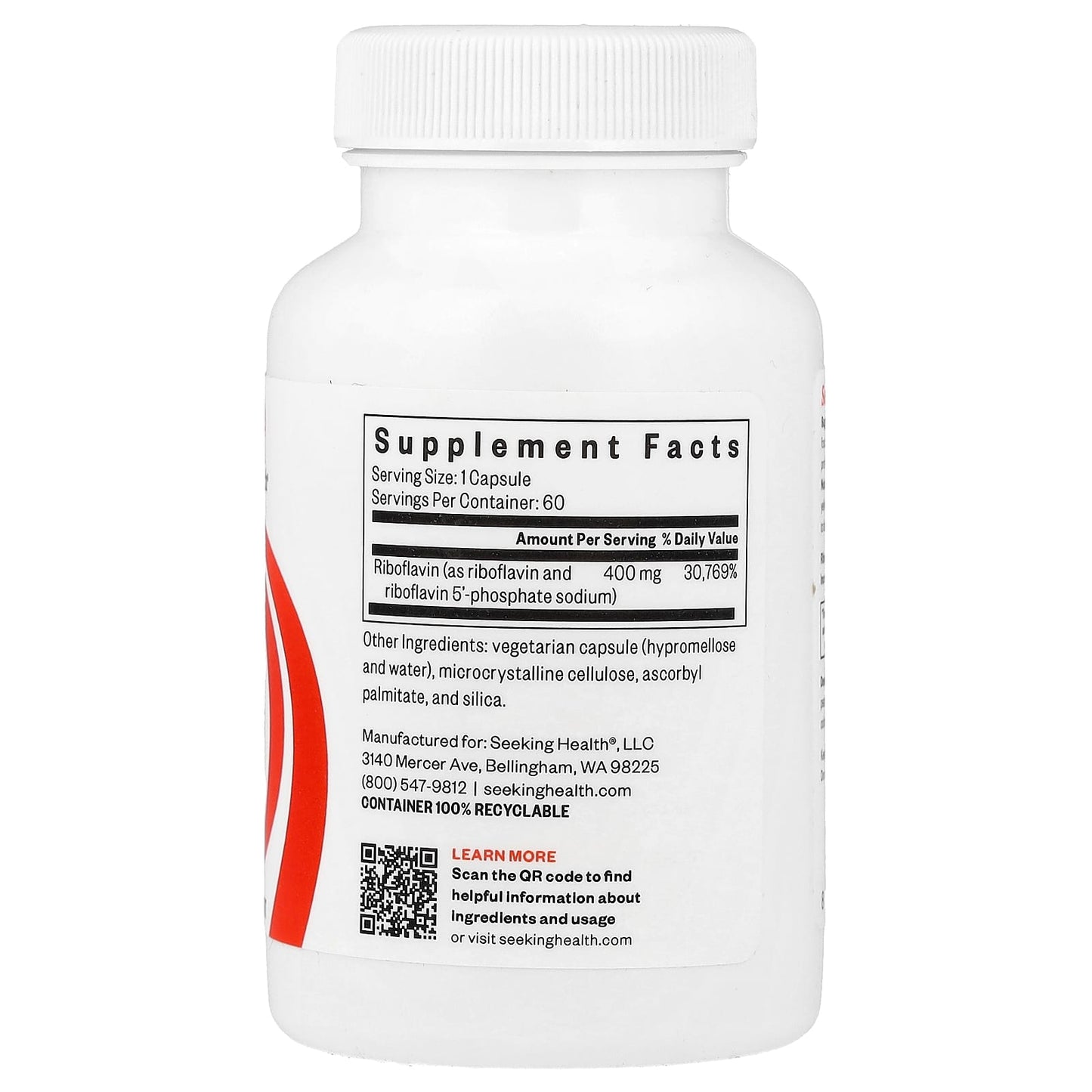Seeking Health, Riboflavin, 400 mg, 60 Vegetarian Capsules UPC 810007521190 | HiLife Vitamins