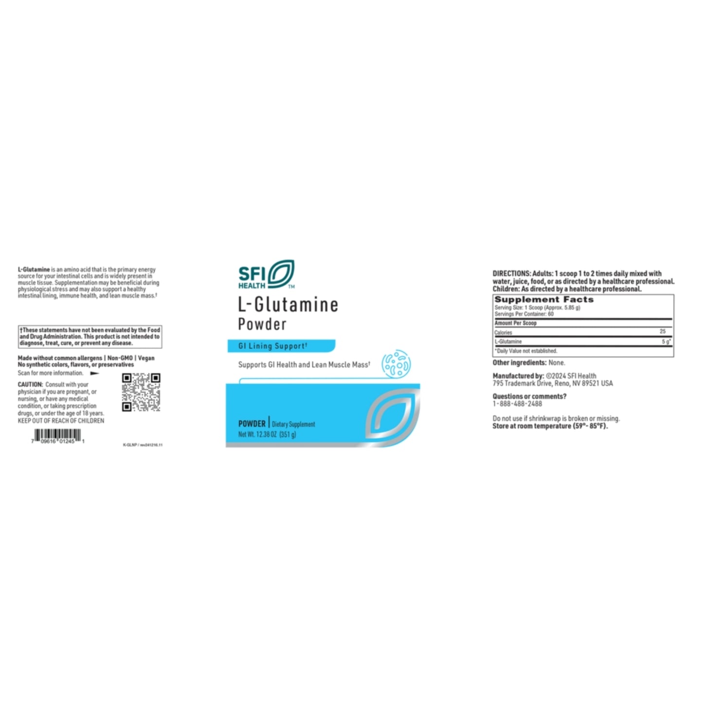 SFI Health, L-Glutamine Powder, 12.38 oz (351 g) UPC 709616012451 | HiLife Vitamins