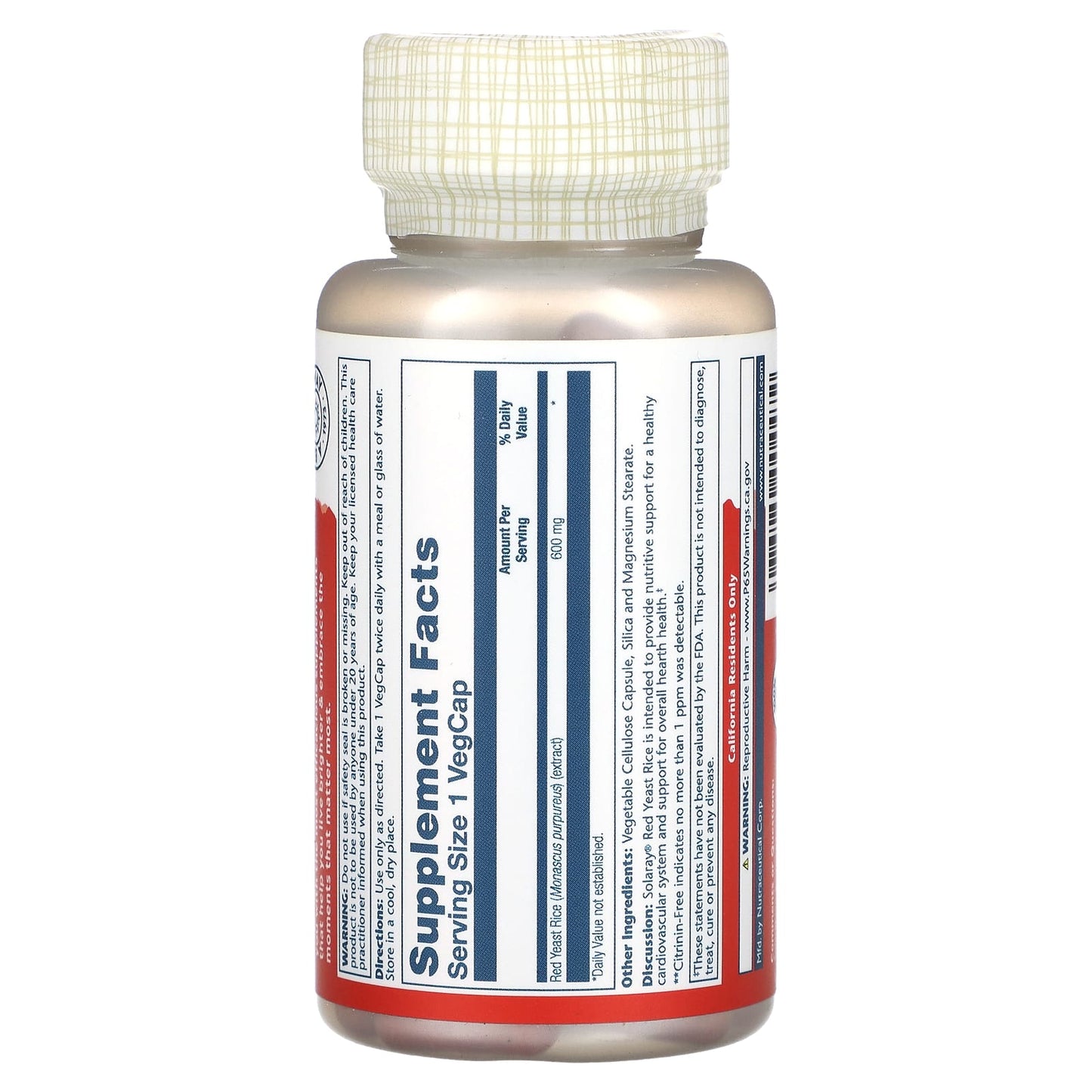 Solaray, Red Yeast Rice 600 mg, 90 VegCaps UPC 076280004472 | HiLife Vitamins