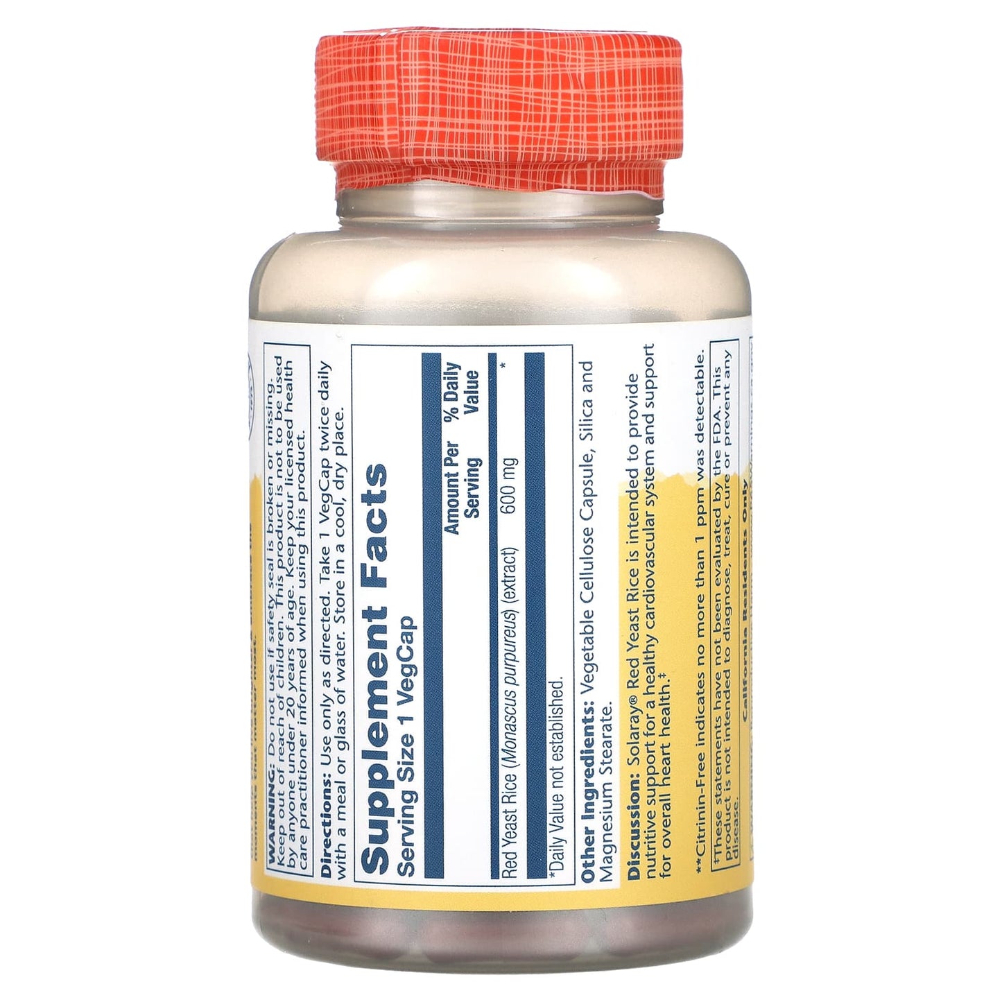Solaray, Red Yeast Rice, 600 mg, 120 VegCaps UPC 076280004489 | HiLife Vitamins