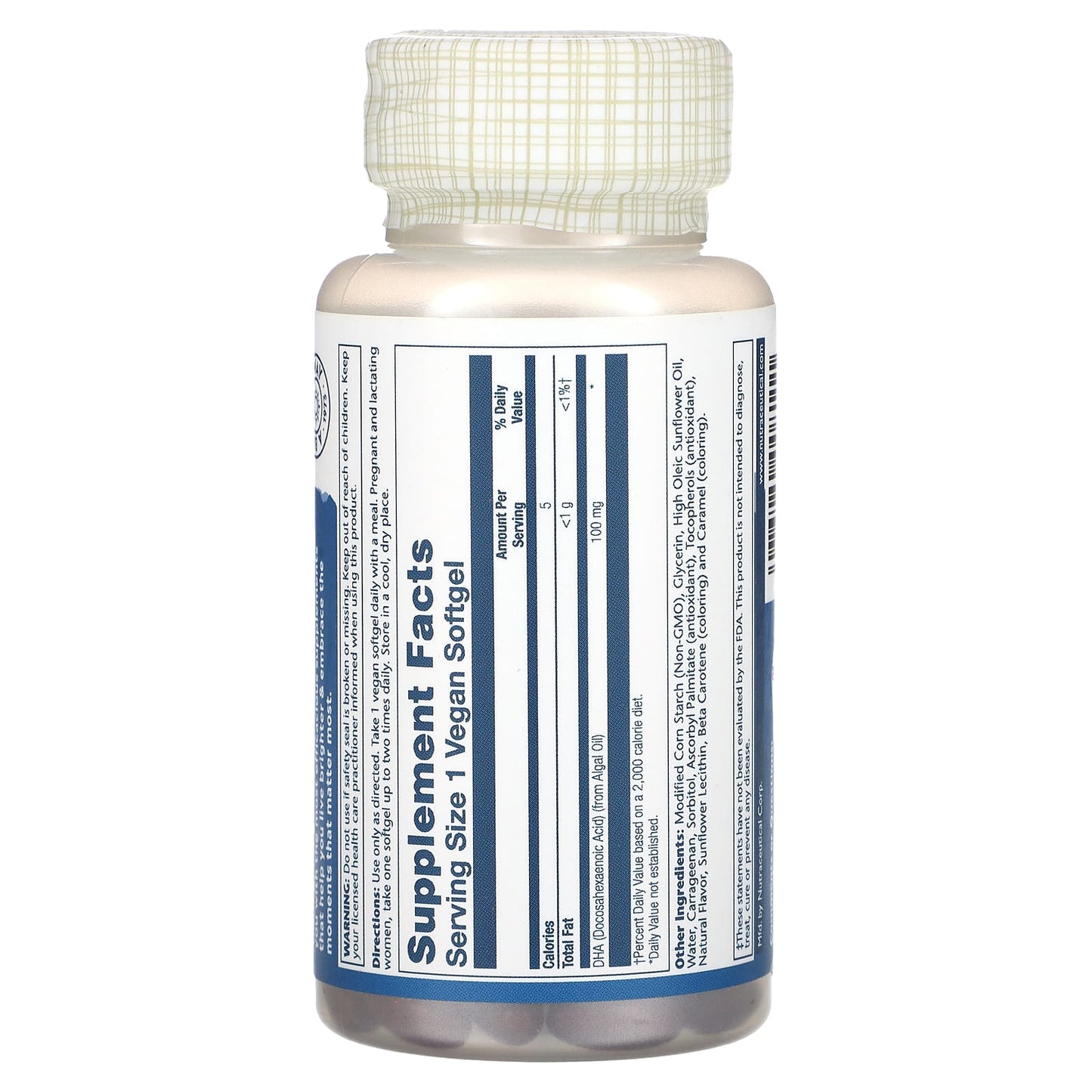 Solaray, DHA, Plant Sourced, 100 mg, 60 Vegetarian Softgels UPC 076280008111 | HiLife Vitamins
