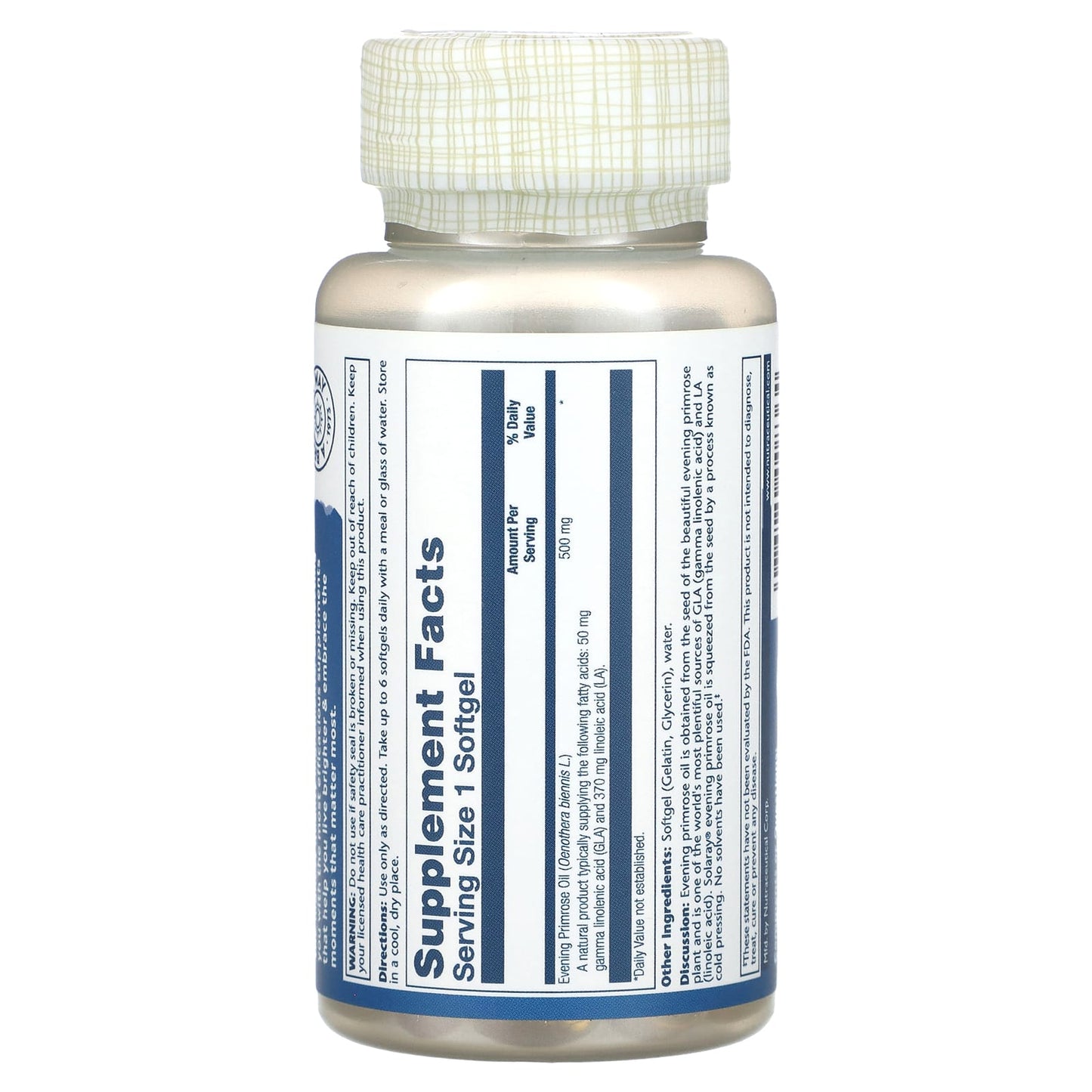 Solaray, Plant Sourced Evening Primrose Oil, 500 mg, 90 Softgels UPC 076280008364 | HiLife Vitamins